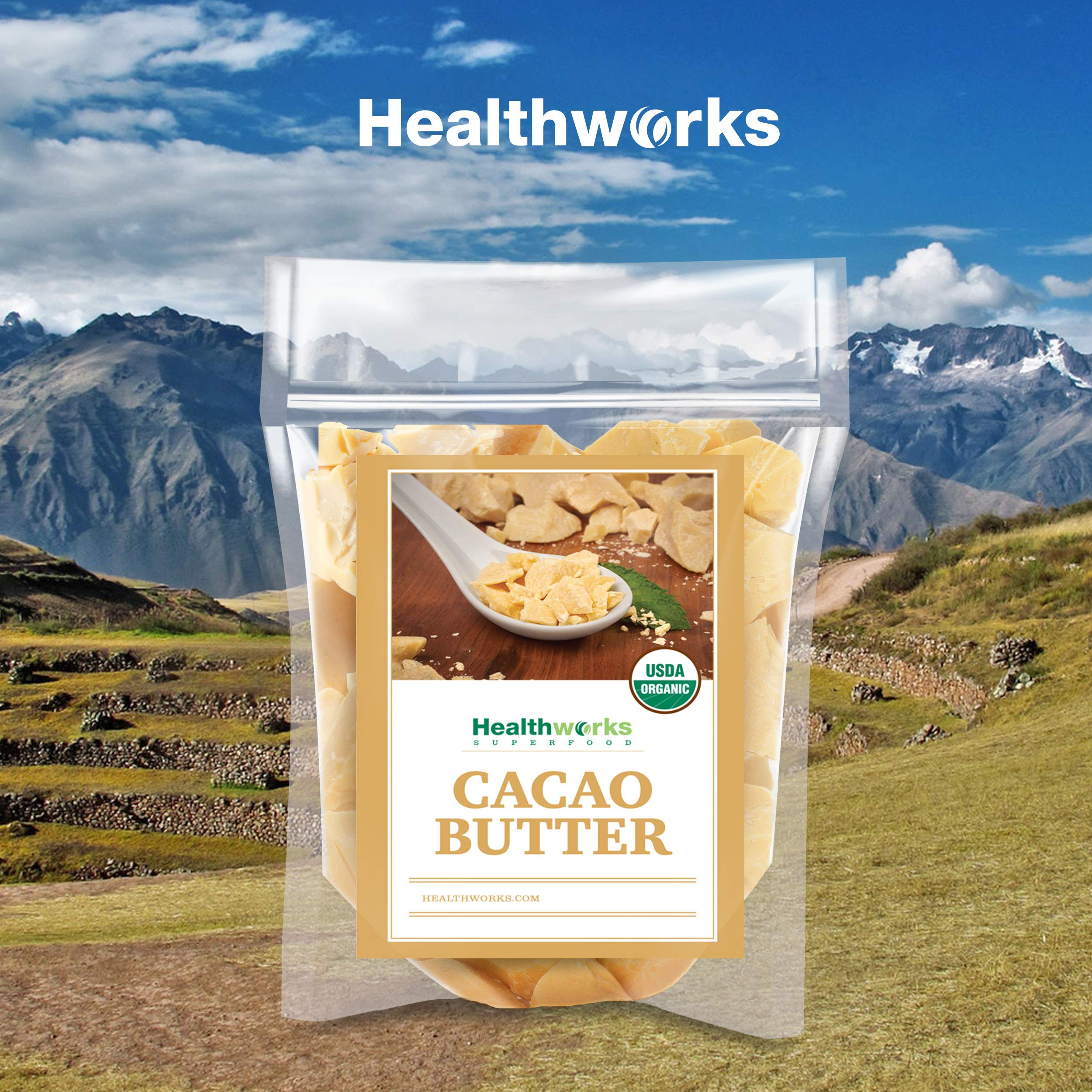 Healthworks cacao butter vegan non-GMO label highlights clean ingredient for recipes.