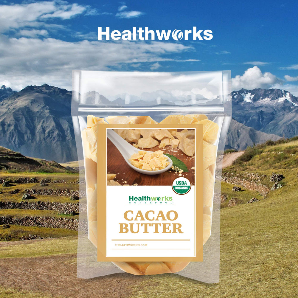 Healthworks cacao butter vegan non-GMO label highlights clean ingredient for recipes.