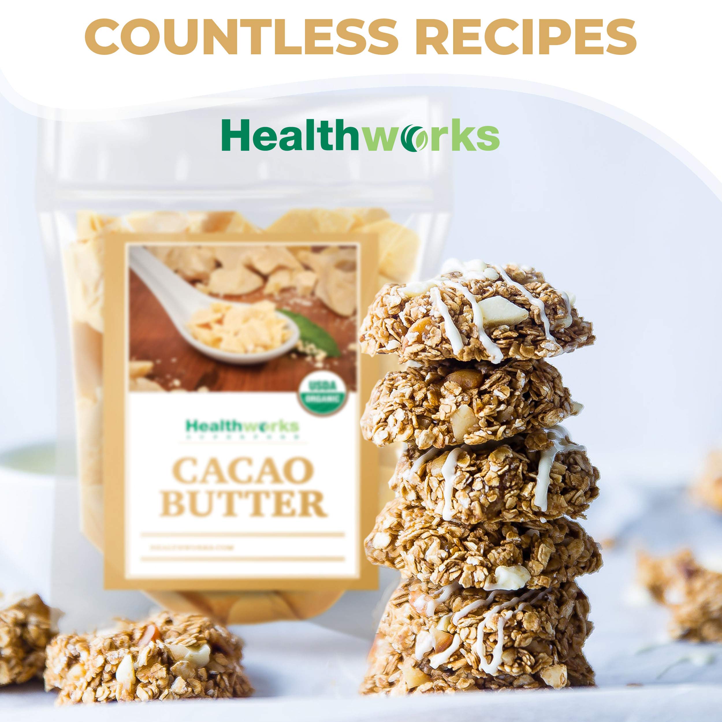 Healthworks cacao butter Peru origin informs mindful selection.
