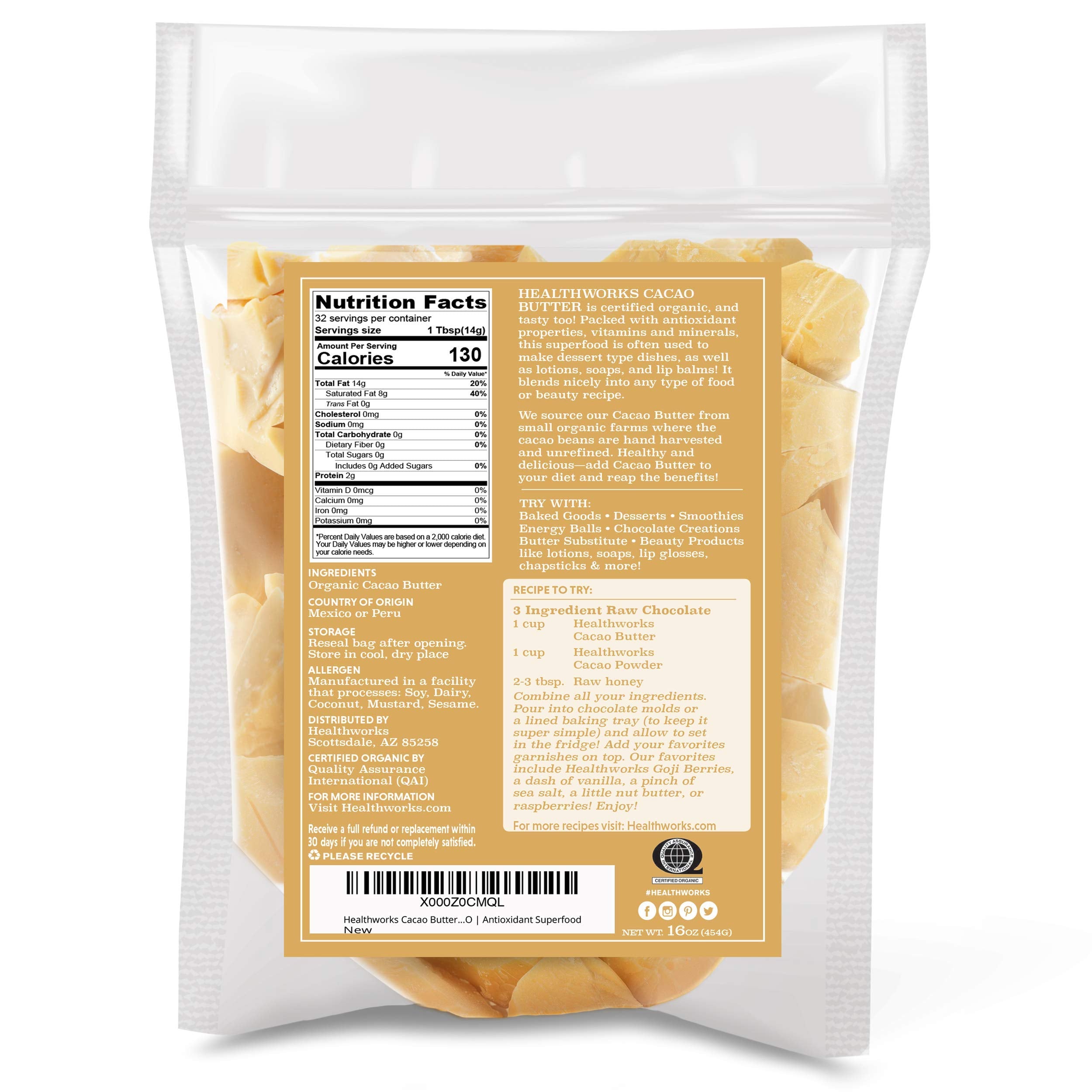 Healthworks organic cacao butter raw form highlights natural scent for DIY skincare.