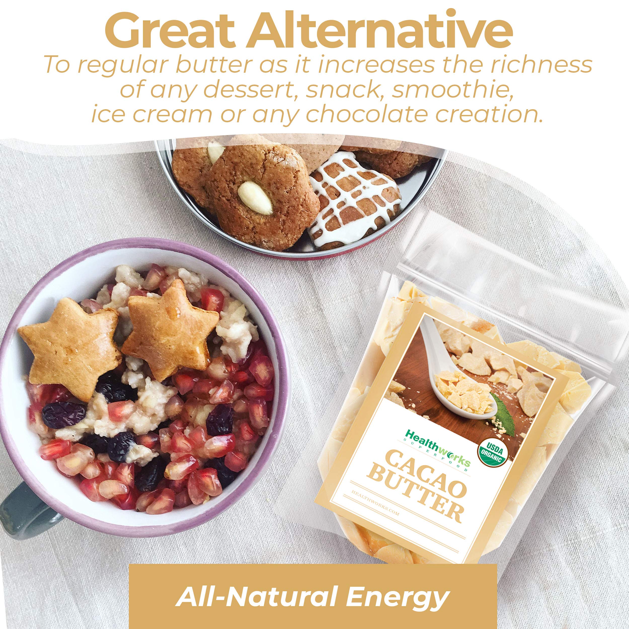 Healthworks cacao butter wafer form shows flexible usage in desserts and beauty routines.