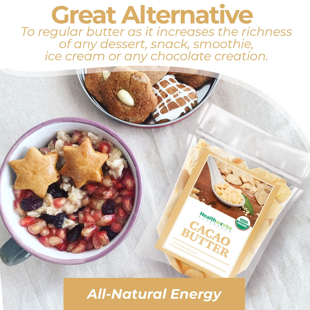 Healthworks cacao butter wafer form shows flexible usage in desserts and beauty routines.