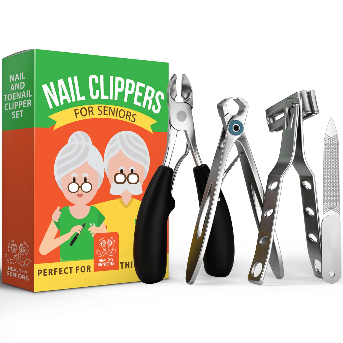 Healthy Seniors 4-piece toenail clippers set for thick nails with ergonomic design.