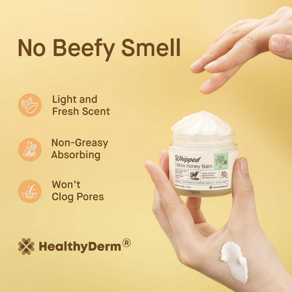 HealthyDerm beef-tallow-honey-balm-application-face-neck scene showing comfortable everyday use.