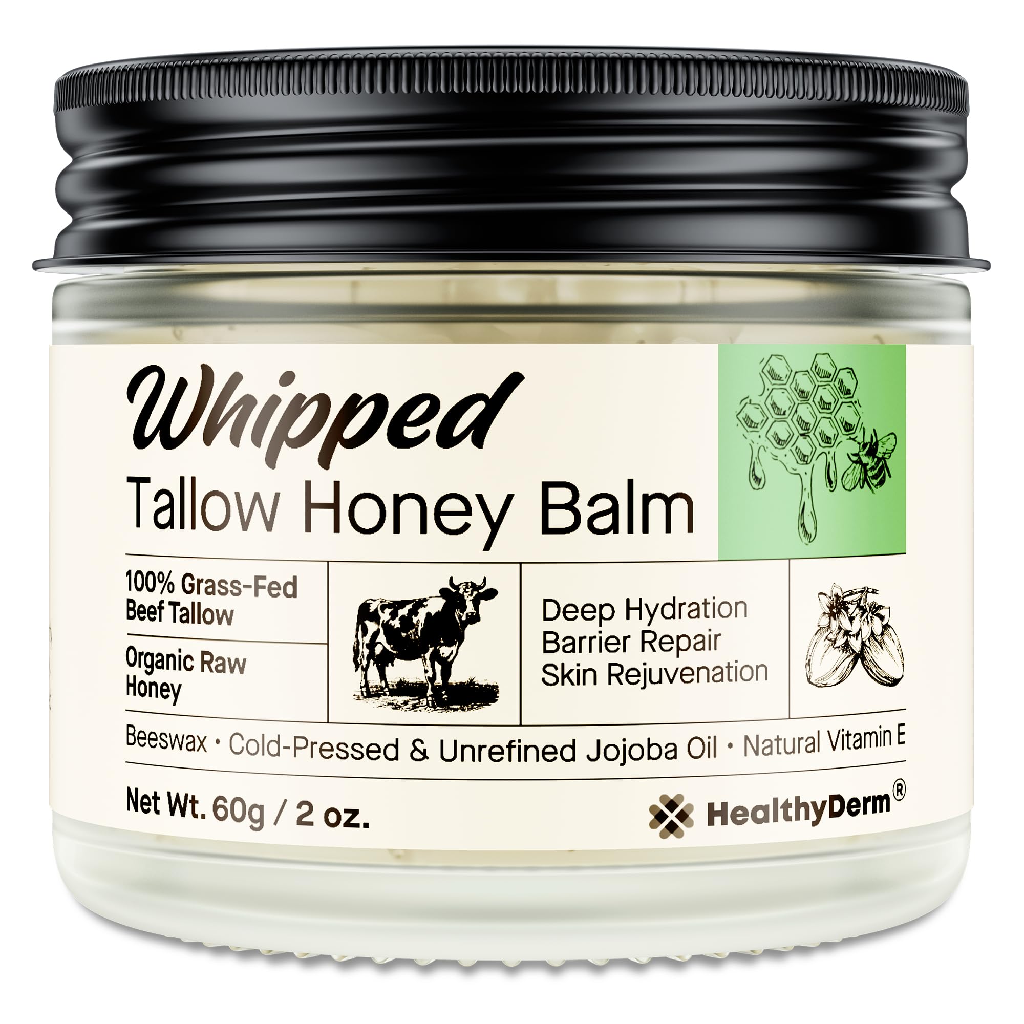 HealthyDerm beef-tallow-honey-balm-jar: rich nourishing moisturizer for dry, delicate skin.