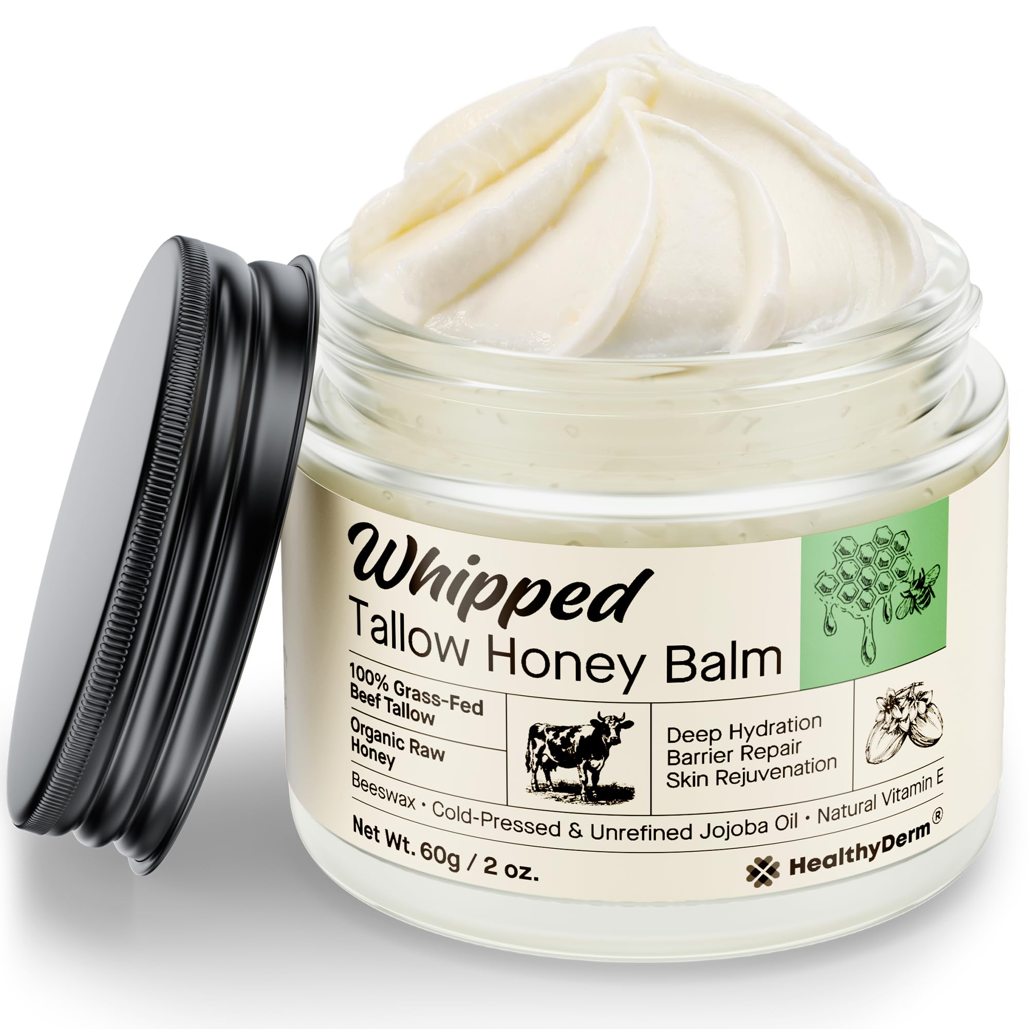 HealthyDerm beef-tallow-honey-balm-packaging-shot includes eco-friendly packaging details.