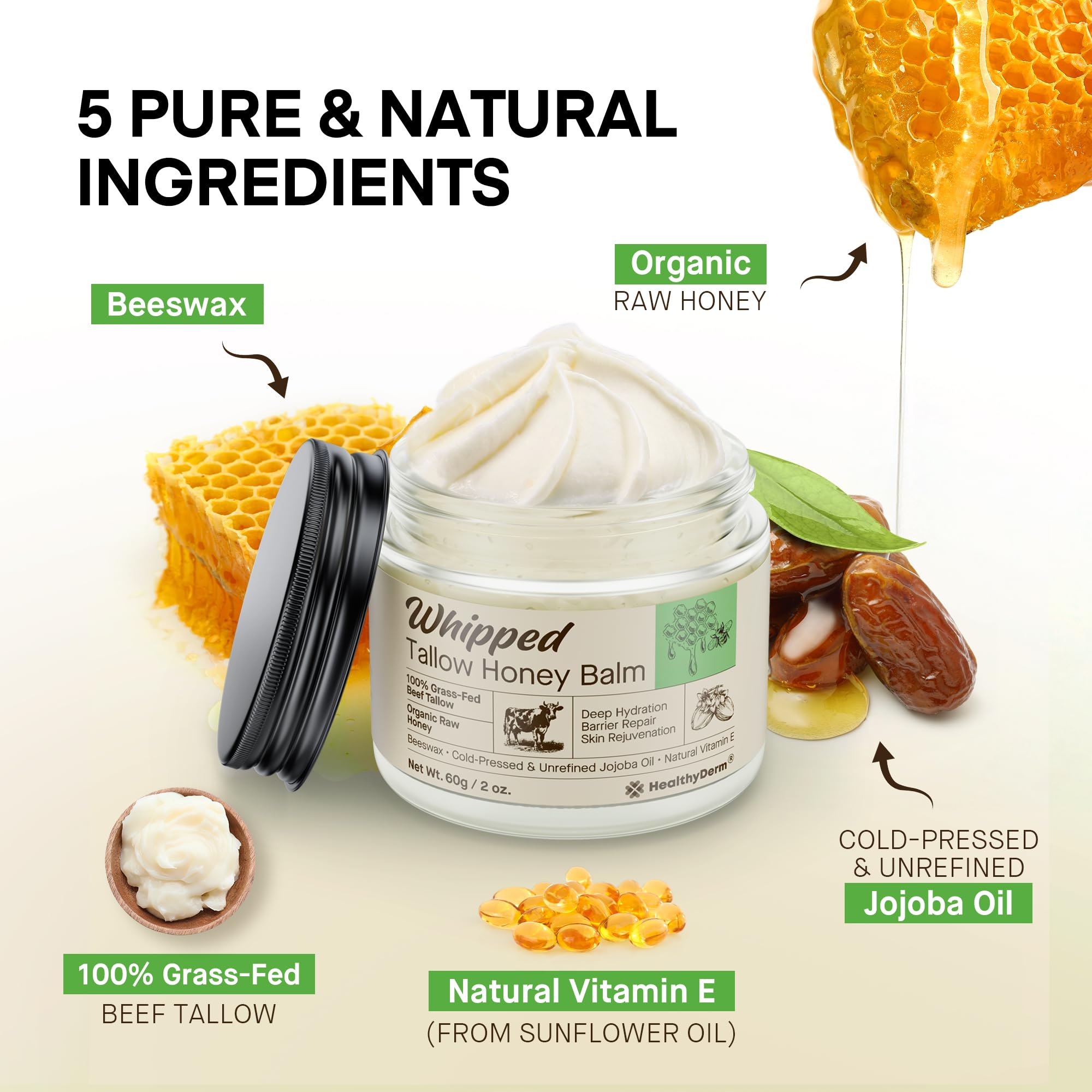HealthyDerm beef-tallow-honey-balm-whipped-texture close-up showing airy, melt-in formula for easy absorption.