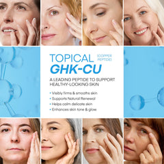 HealthyDerm Copper Peptides GHK-Cu label closeup highlights improved skin tone and texture.