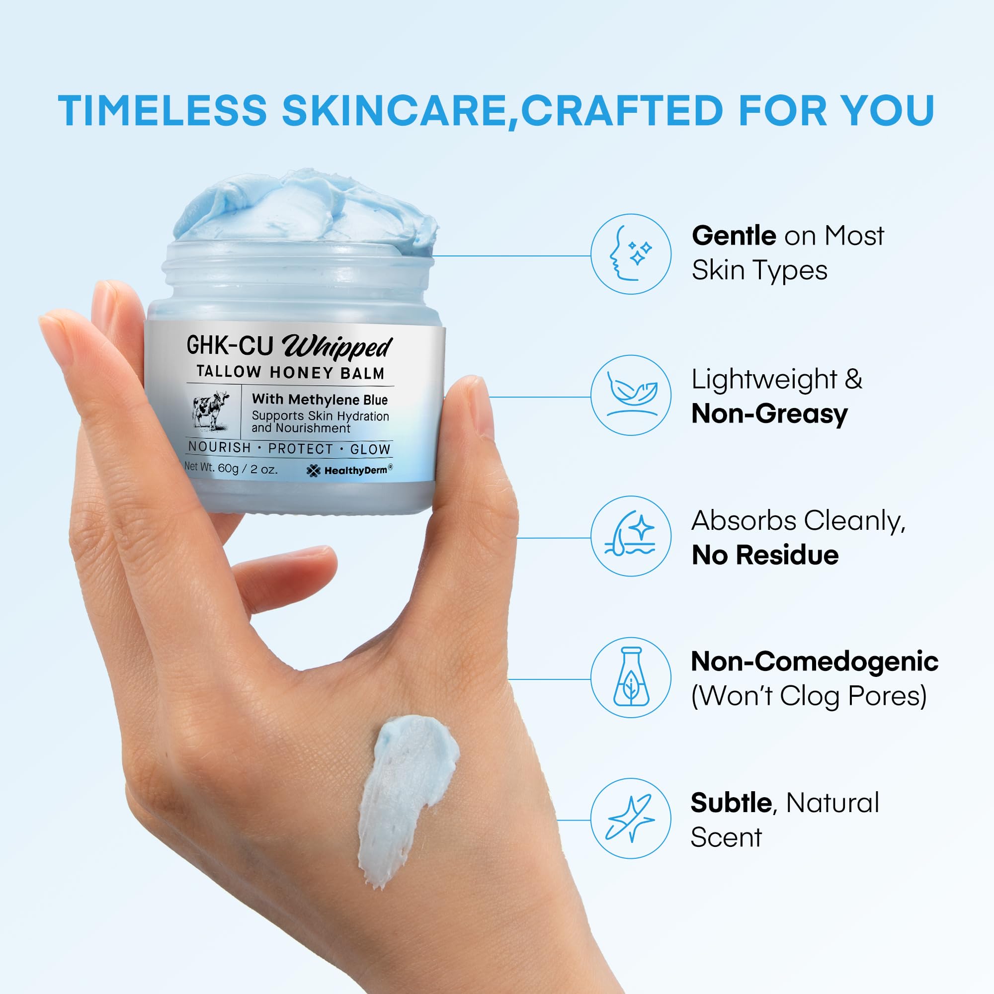HealthyDerm Face and body application shot shows fast-absorbing balm for dry areas.