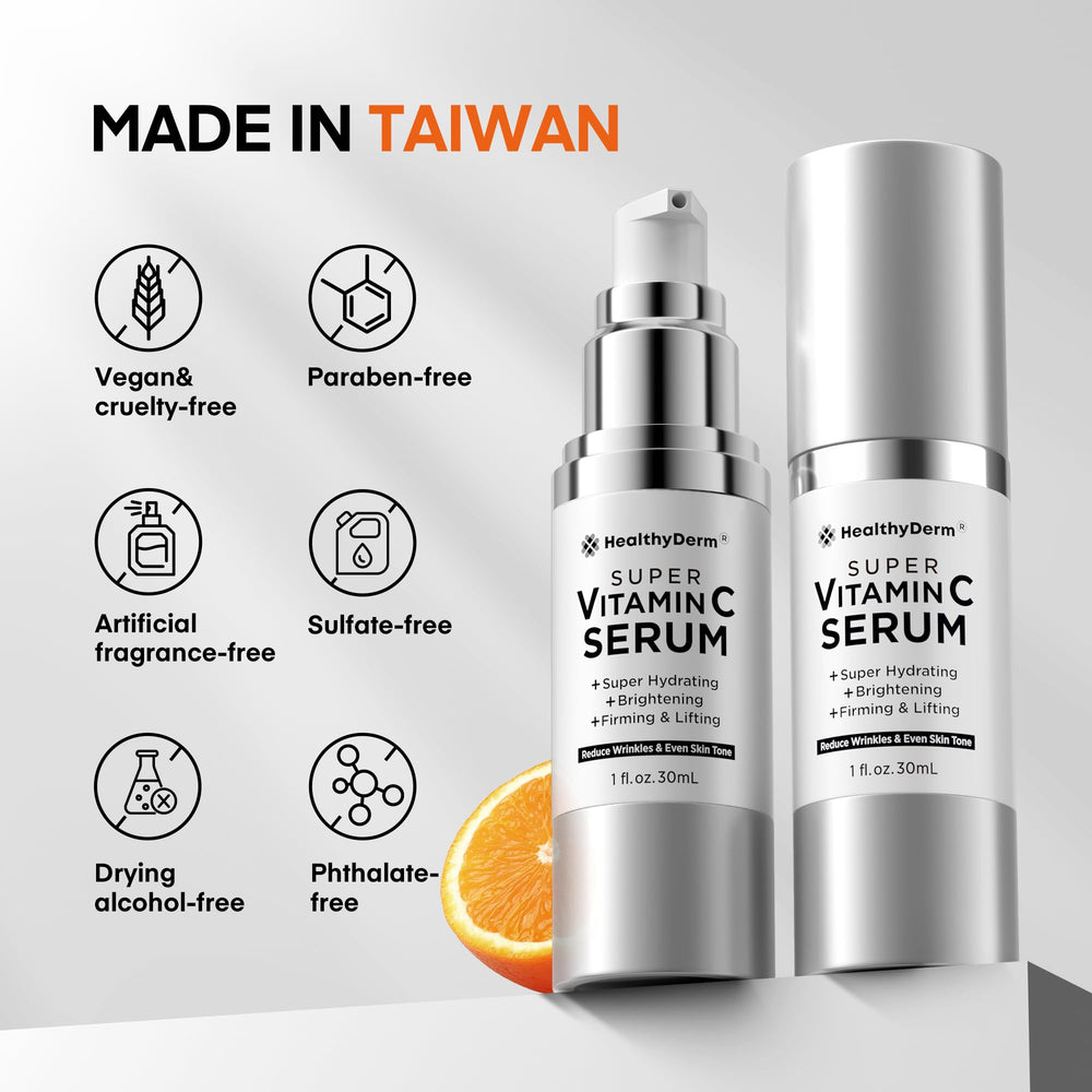 HealthyDerm serum ingredients hyaluronic acid and niacinamide emphasize moisture and tone benefits.