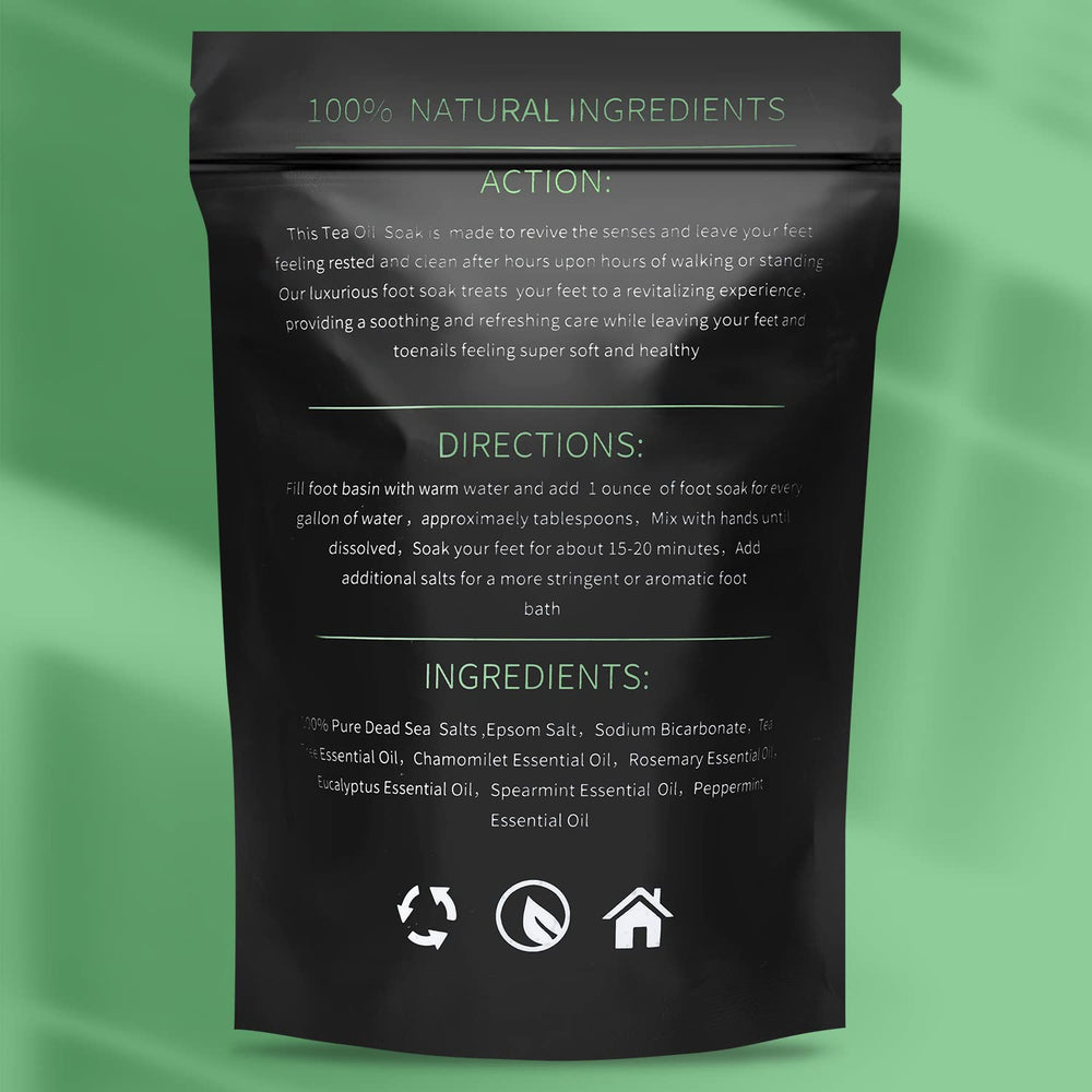 HEAMAVIN Tea Tree Oil Foot Soak label emphasizes quality ingredients and safety.