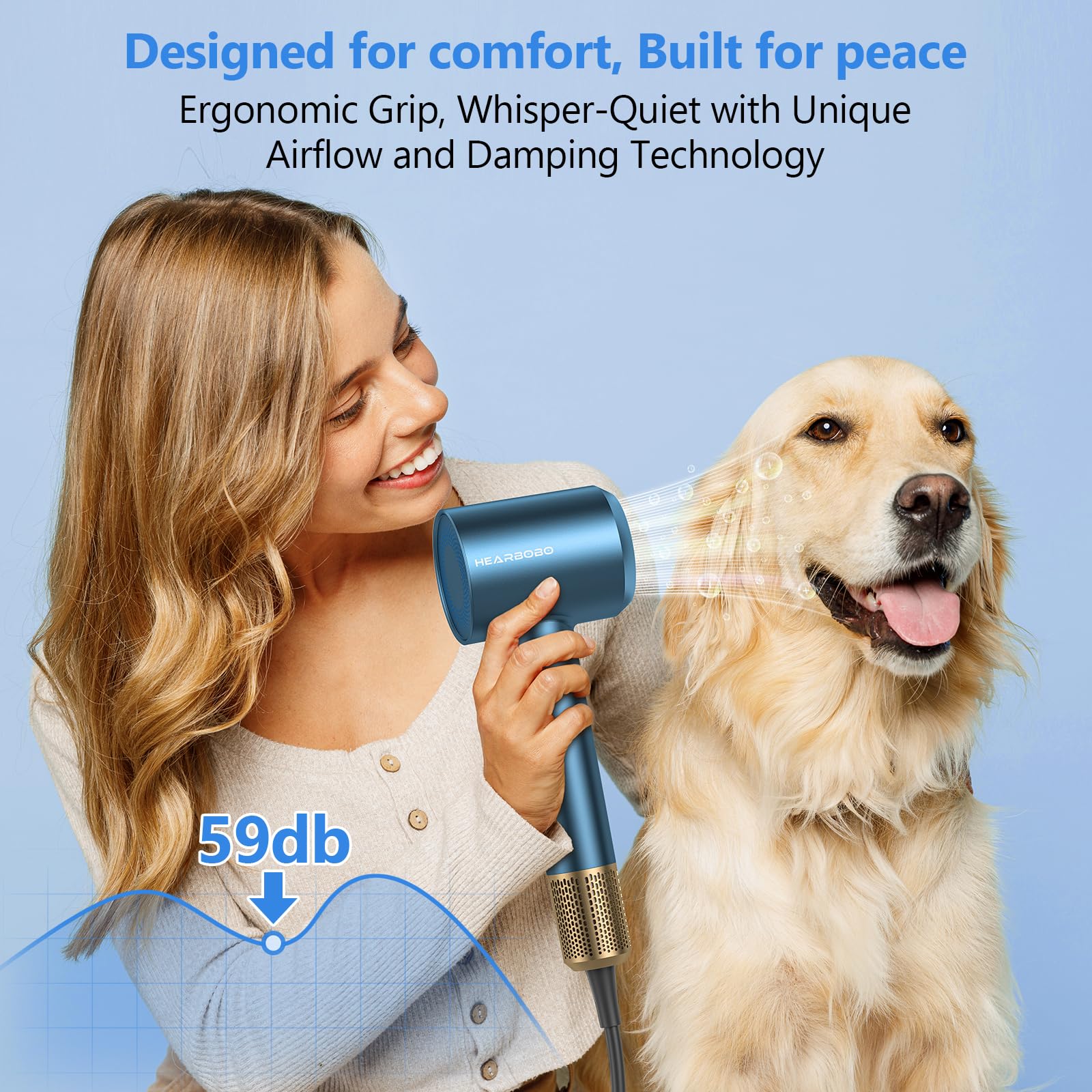 HEARBOBO pet-dryer-attachment enables gentle grooming for pets.
