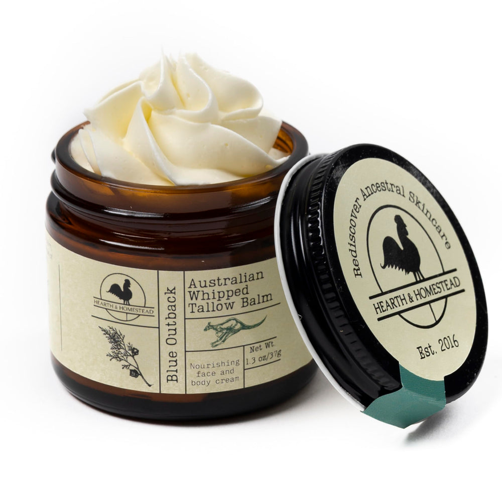 Hearth and Homestead Blue Outback balm jar closeup shows creamy texture for moisturizing skin