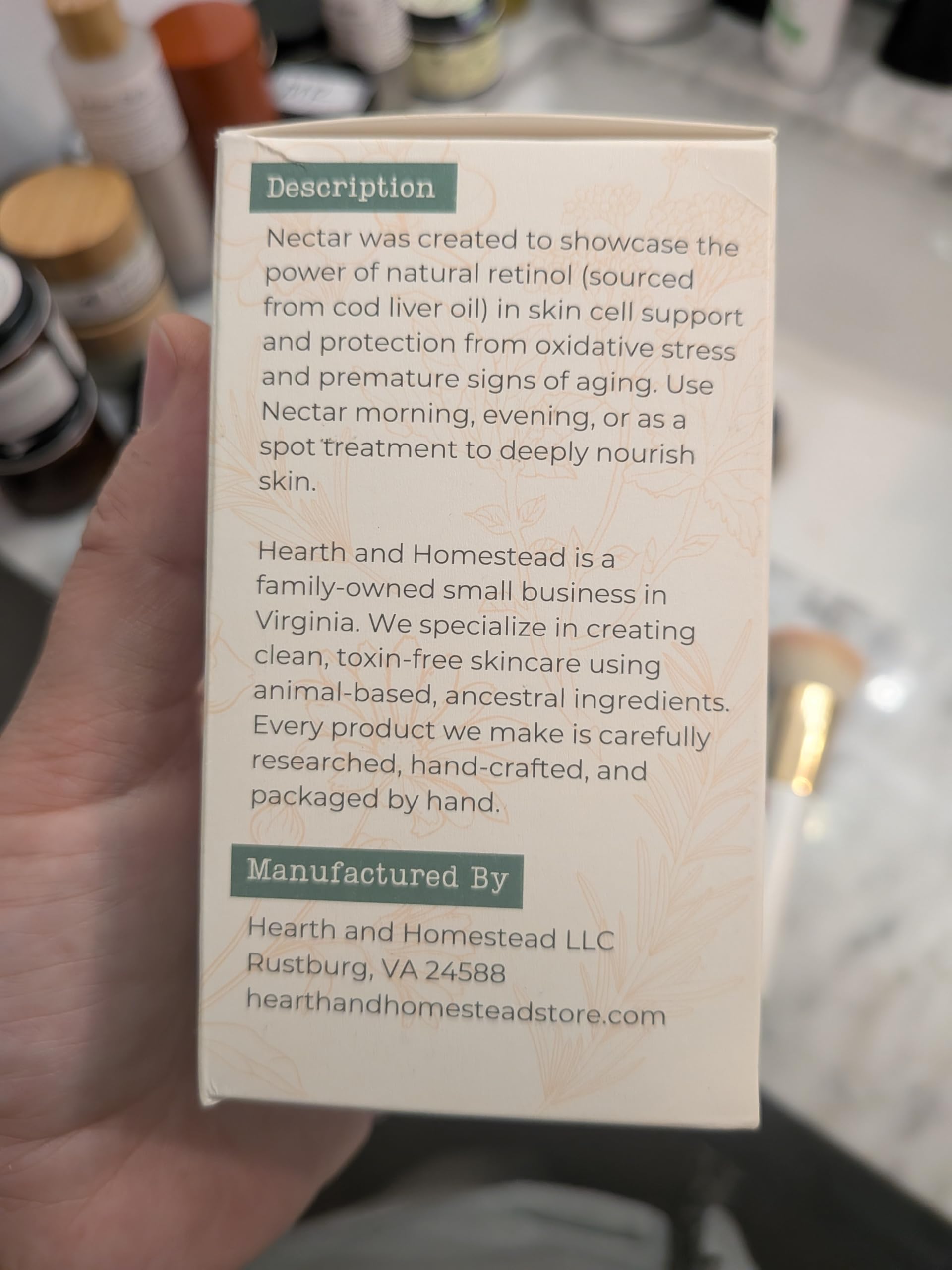 Hearth and Homestead Nectar serum essential oils features helichrysum, geranium, chamomile for a gentle floral aroma.