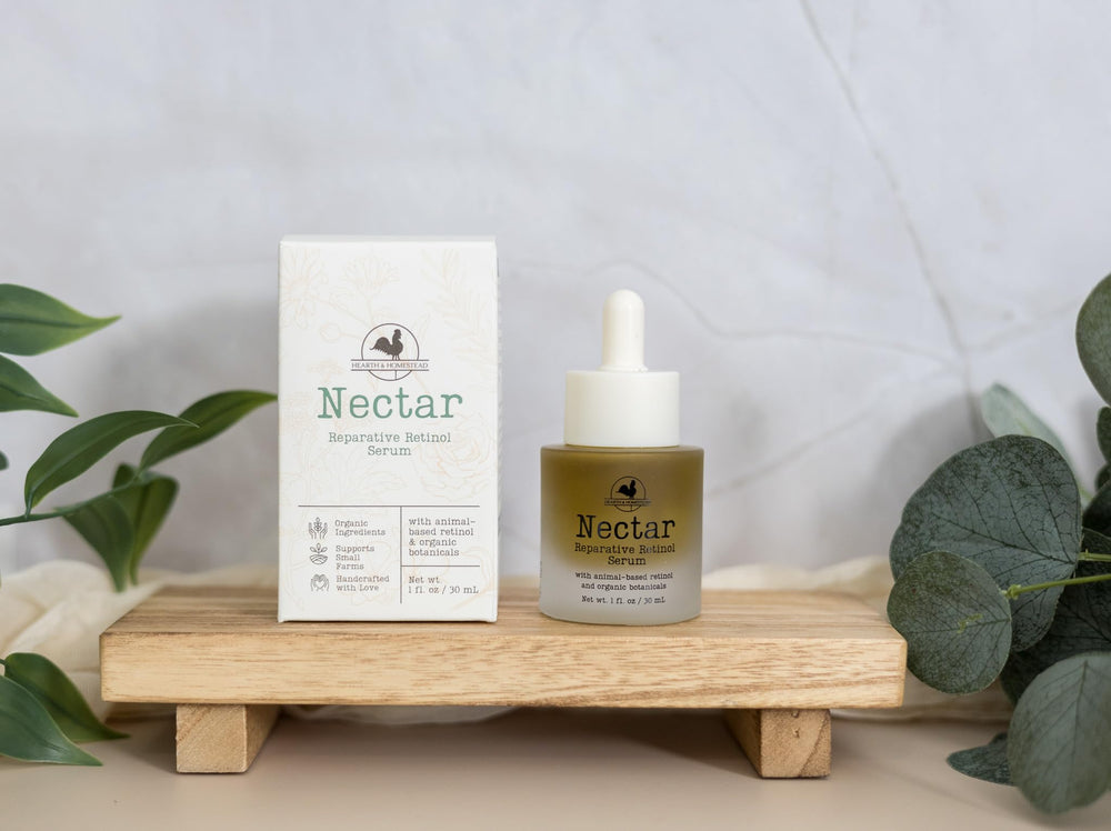 Hearth and Homestead Nectar serum packaging showcases clean design for a daily ritual.