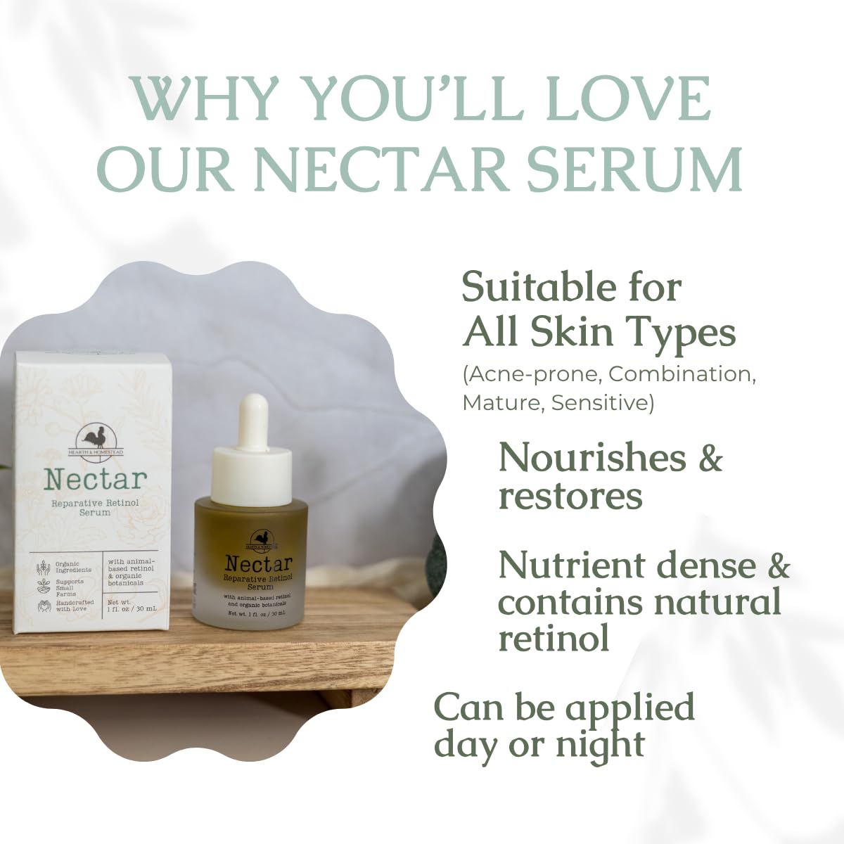 Hearth and Homestead Nectar serum texture on skin demonstrates smooth, lightweight absorption.