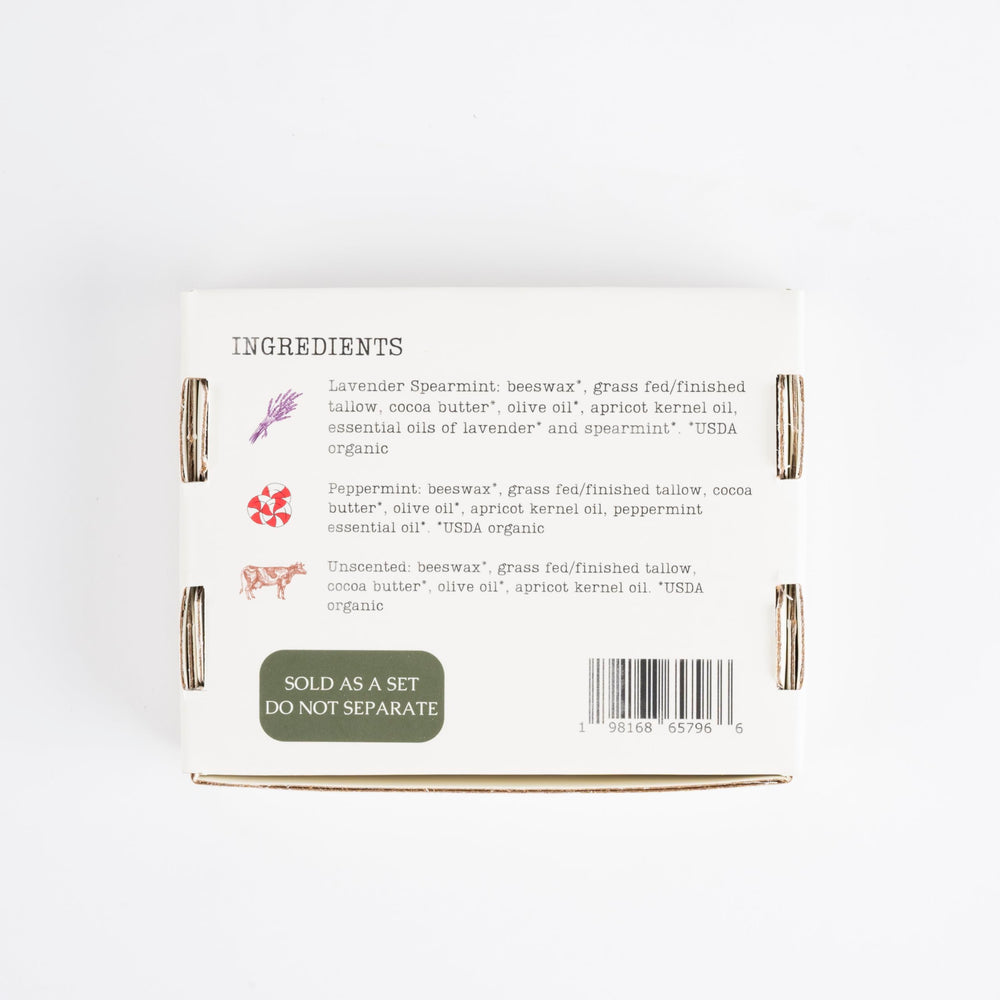 Hearth and Homestead ingredients closeup showcases tallow, cocoa butter and beeswax for nourishment.