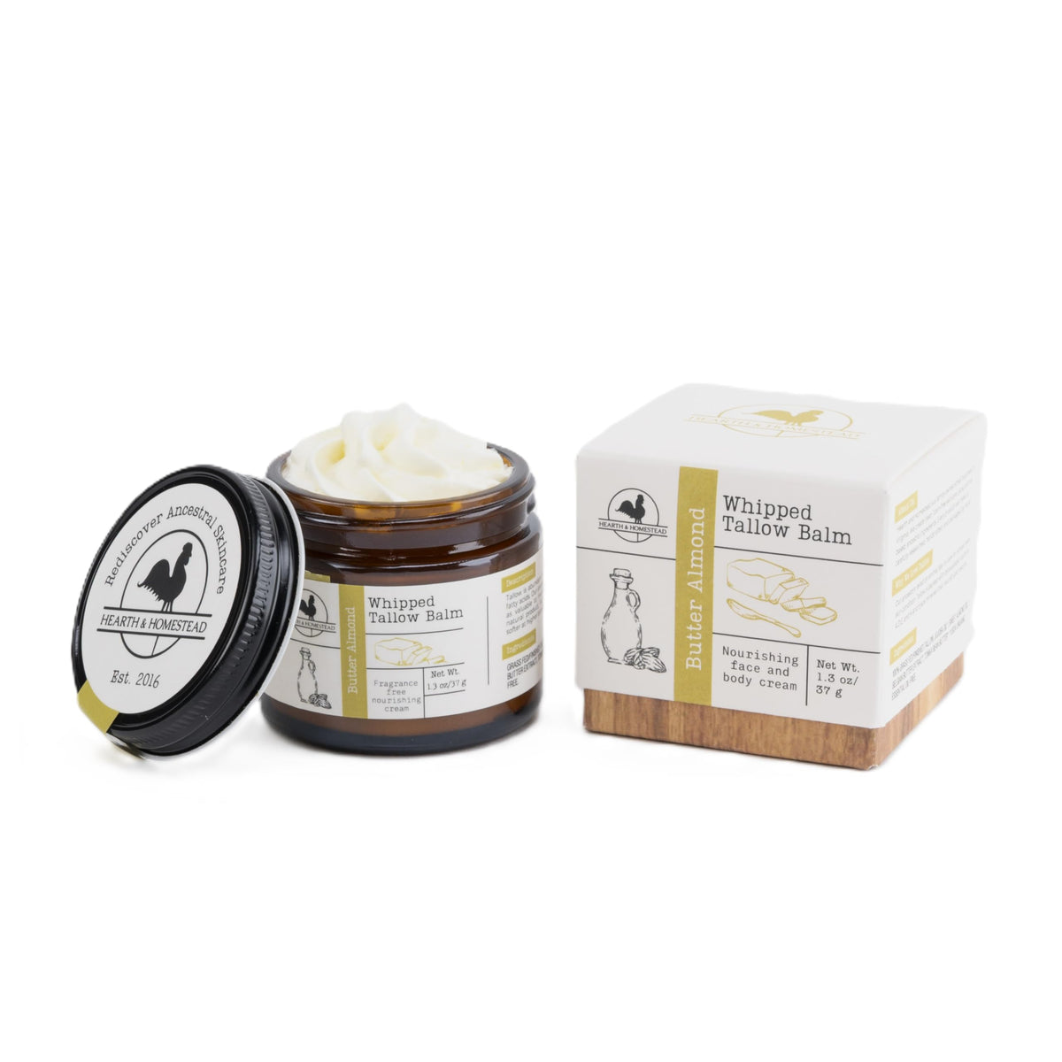 Hearth and Homestead whipped tallow balm in butter almond jar close for fragrance-free moisturizing