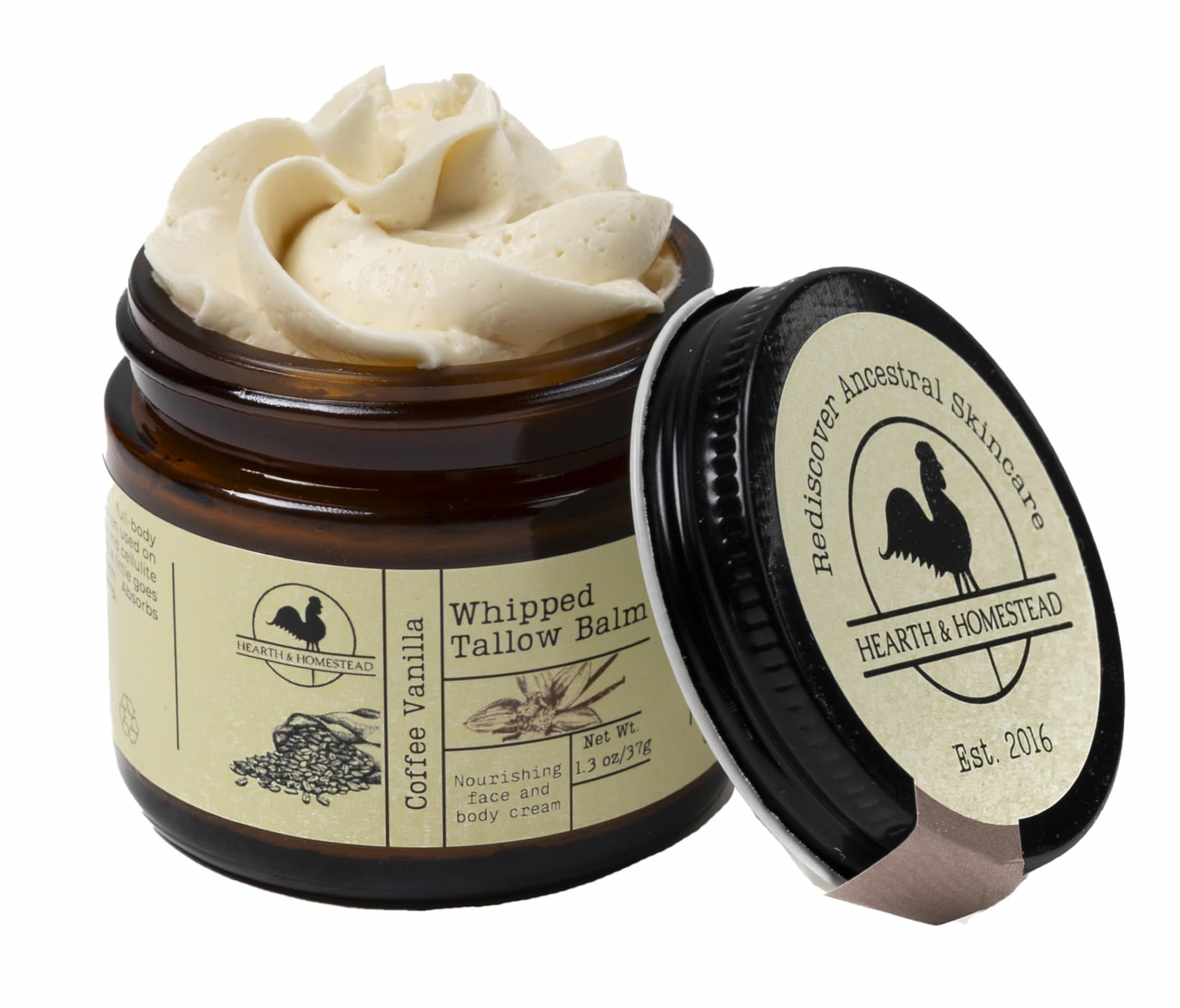 Hearth and Homestead whipped tallow balm Coffee Vanilla label closeup for natural skincare.