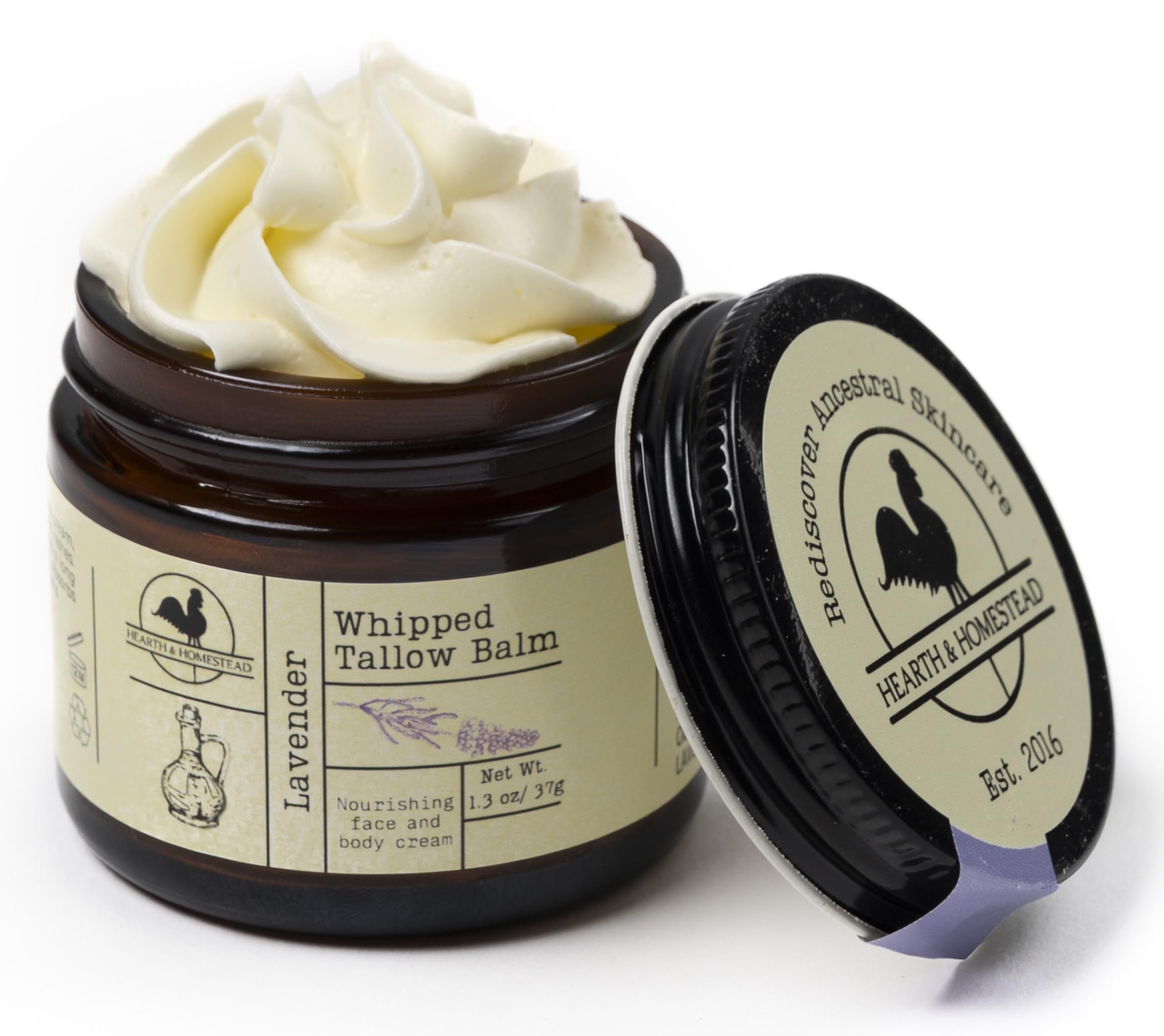 Hearth and Homestead whipped tallow balm lavender bottle highlights calming skin ritual.