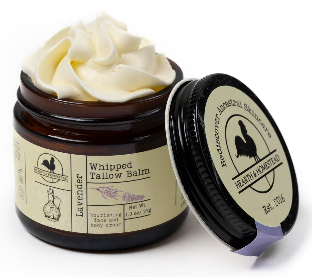 Hearth and Homestead whipped tallow balm lavender bottle highlights calming skin ritual.