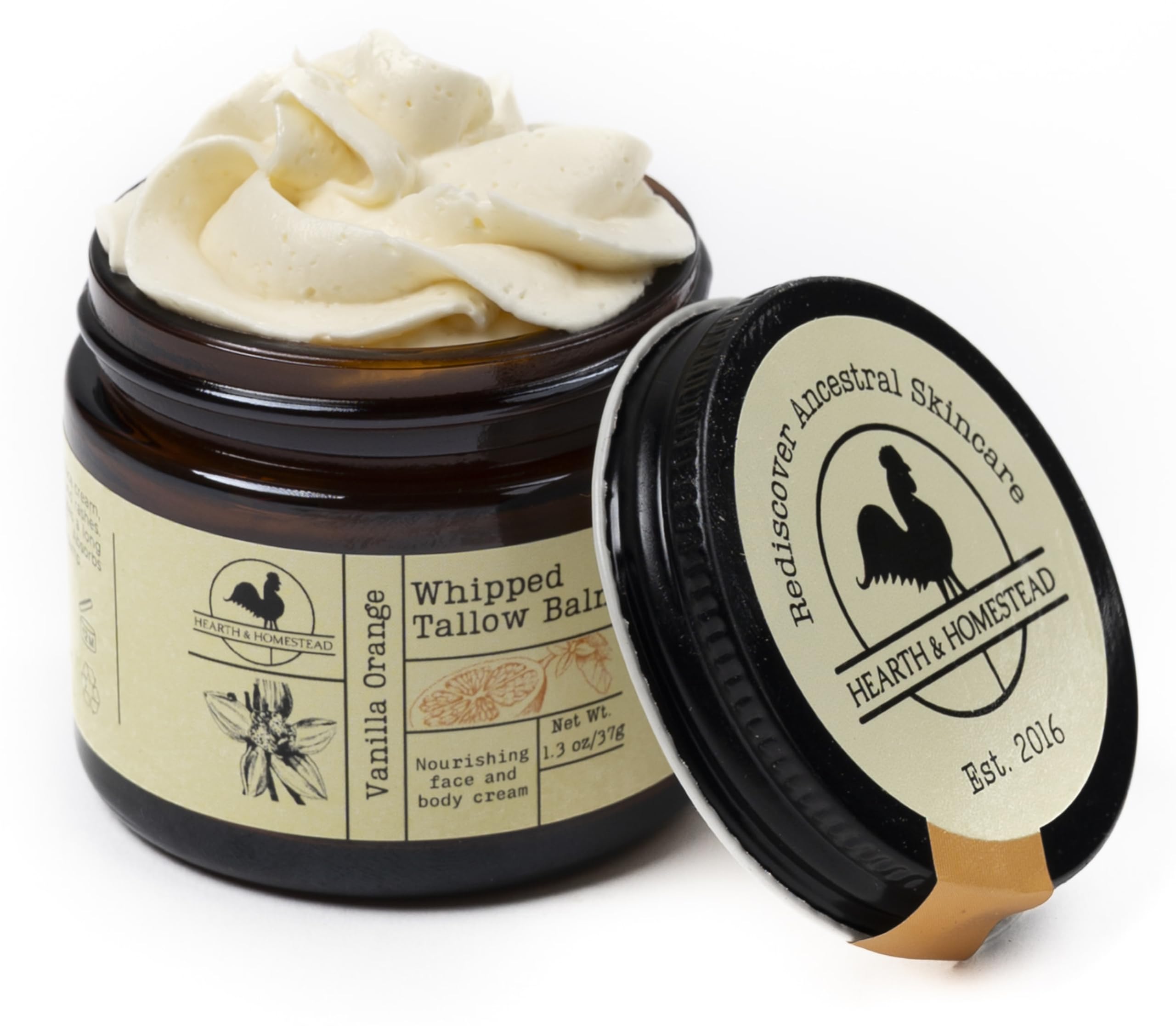 Hearth and Homestead whipped tallow balm vanilla orange jar shown for soft, hydrated skin