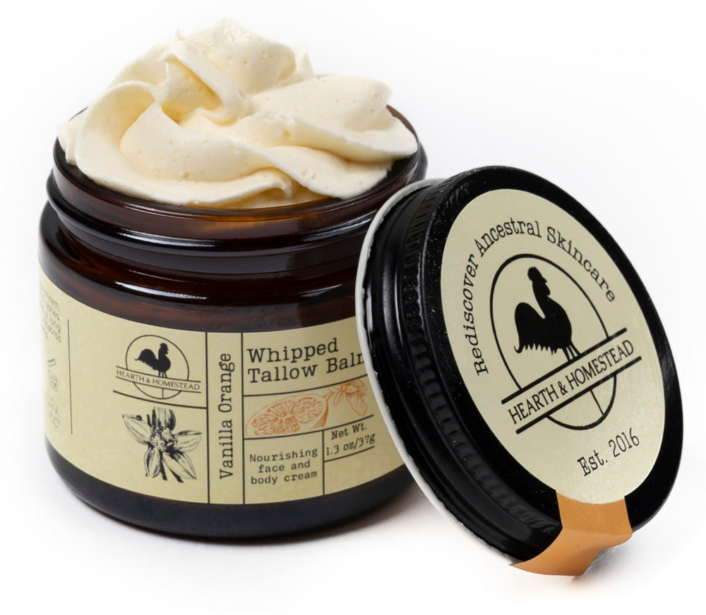 Hearth and Homestead whipped tallow balm vanilla orange jar shown for soft, hydrated skin