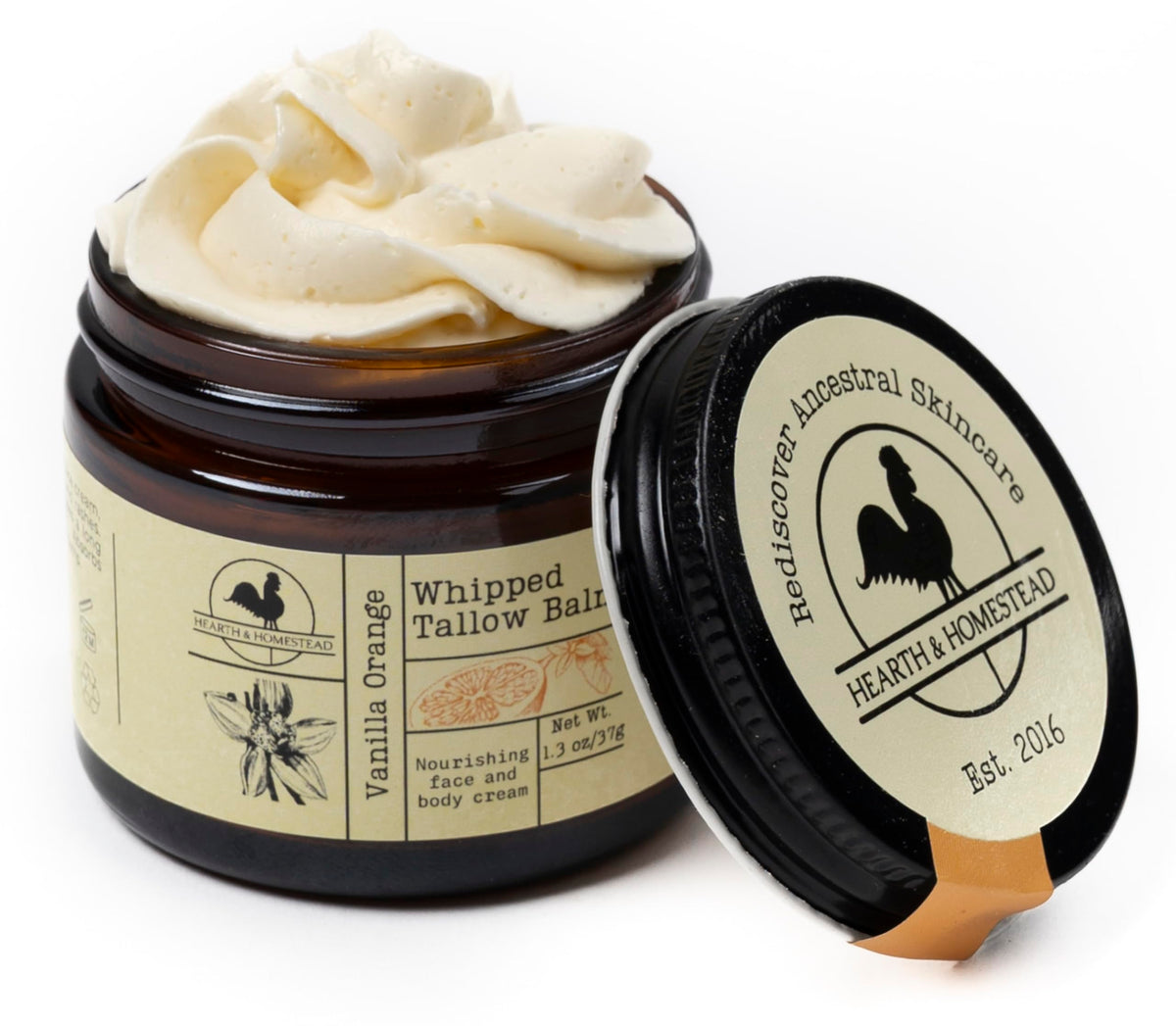Hearth and Homestead whipped tallow balm vanilla orange jar shown for soft, hydrated skin