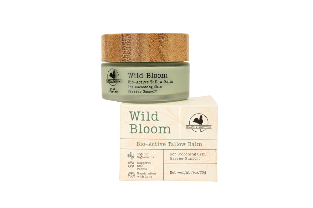 Hearth and Homestead Wild Bloom Tallow Balm blue tansy jar provides deep, hydrating nourishment.