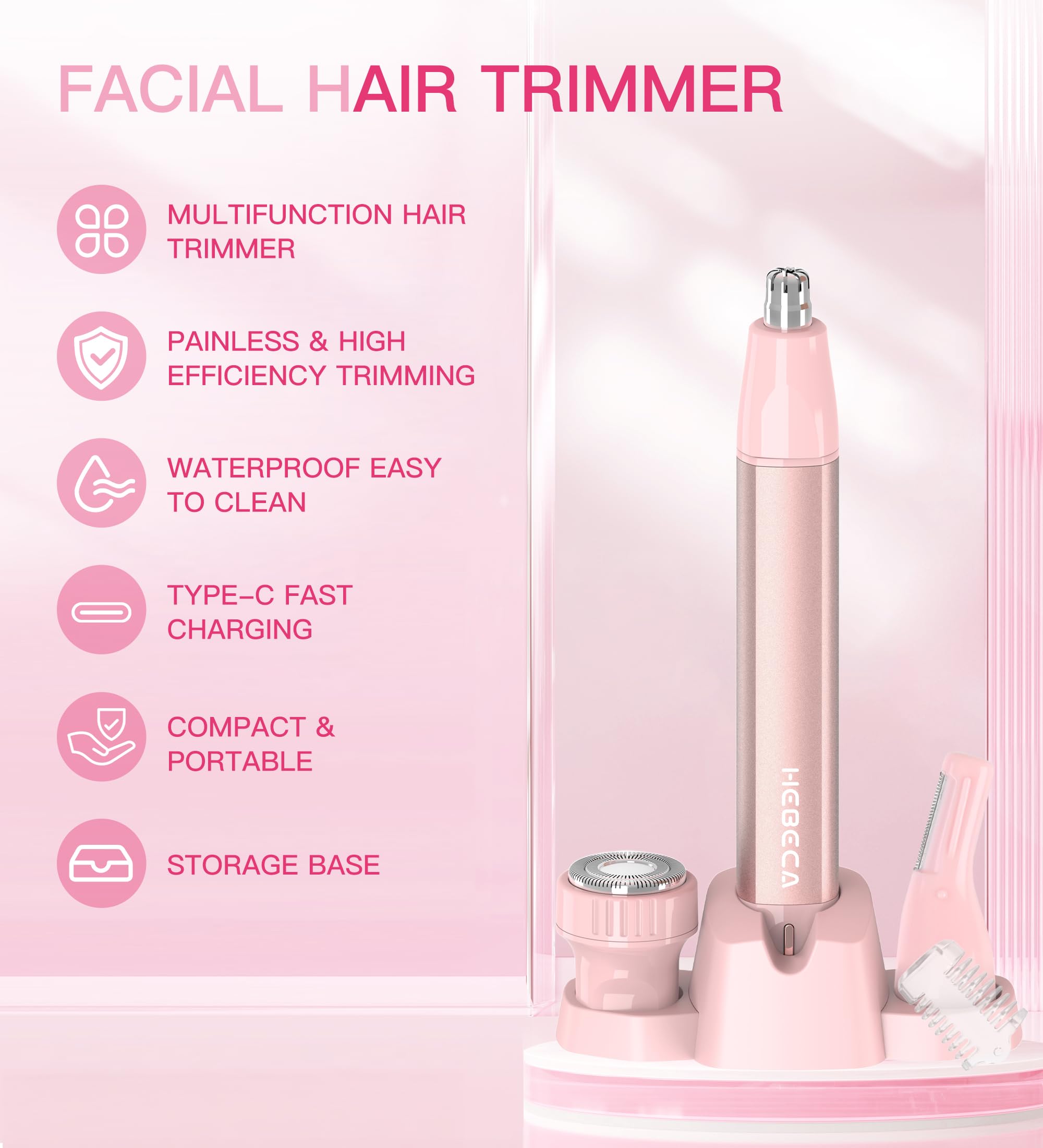 HEBECA 3in1 facial trimmer with interchangeable heads for nose, face, and eyebrows.