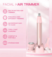HEBECA 3in1 facial trimmer with interchangeable heads for nose, face, and eyebrows.