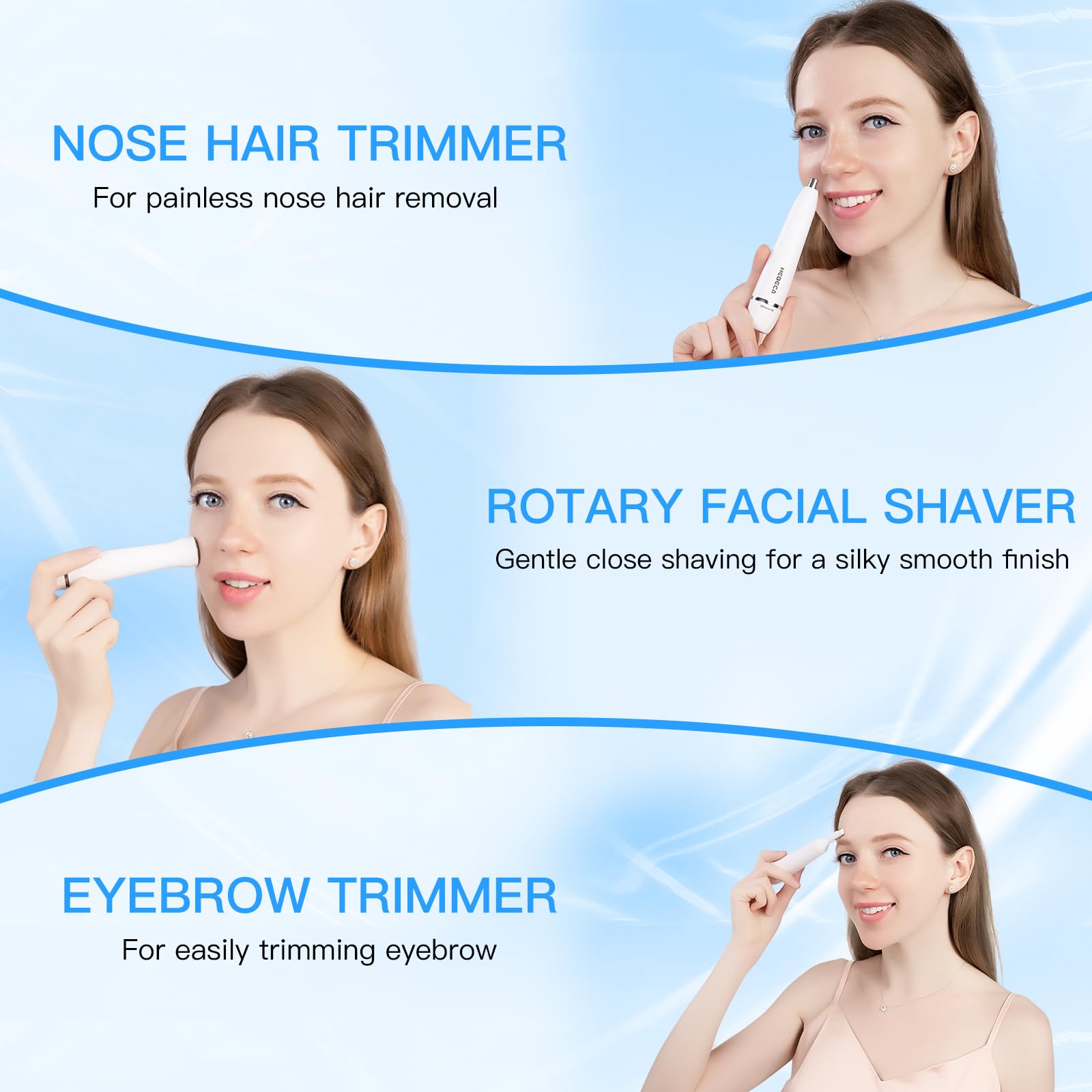 HEBECA 3in1 trimmer eyebrow head focuses on safe eyebrow shaping.