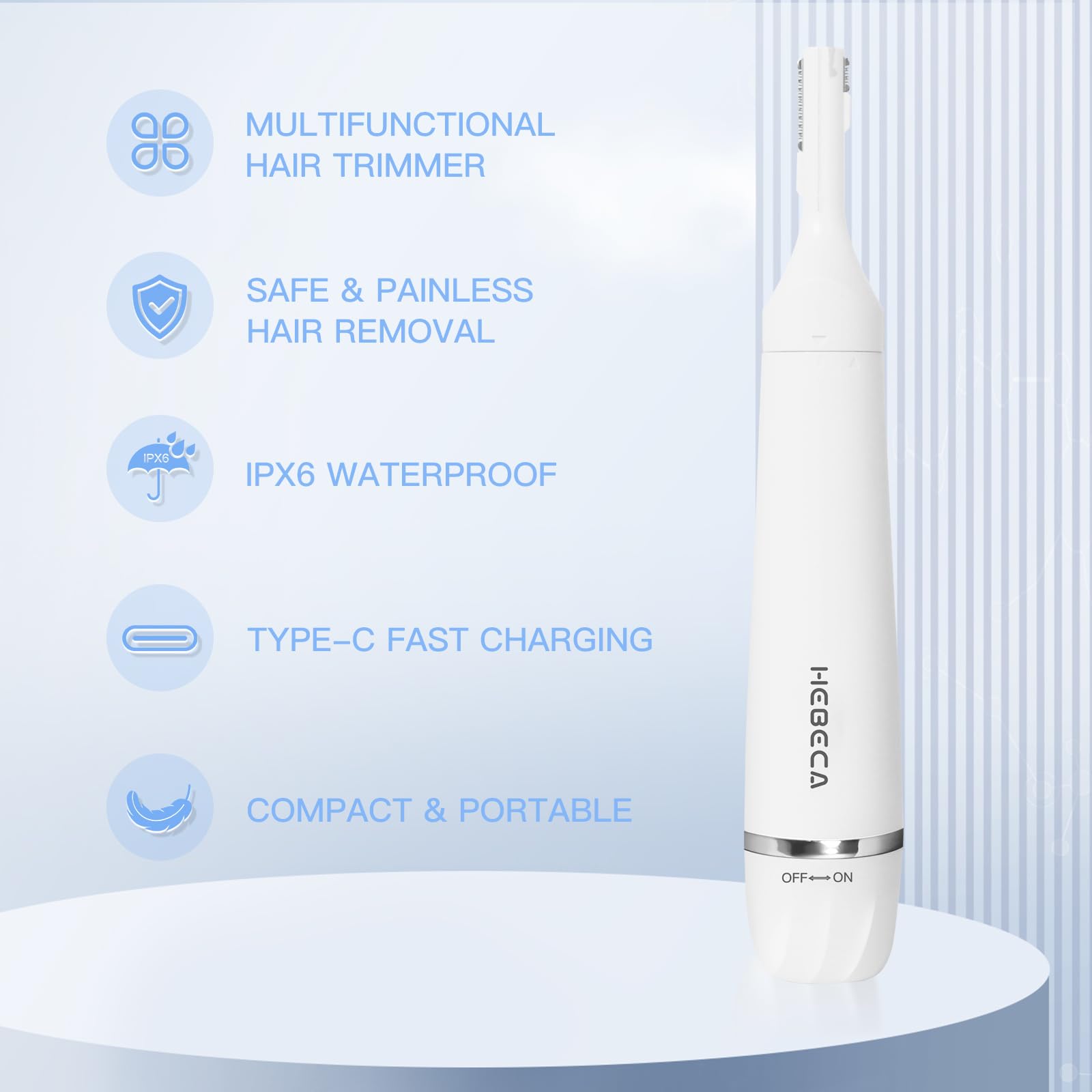 HEBECA 3in1 trimmer nose head view highlights precise nose and ear trimming.