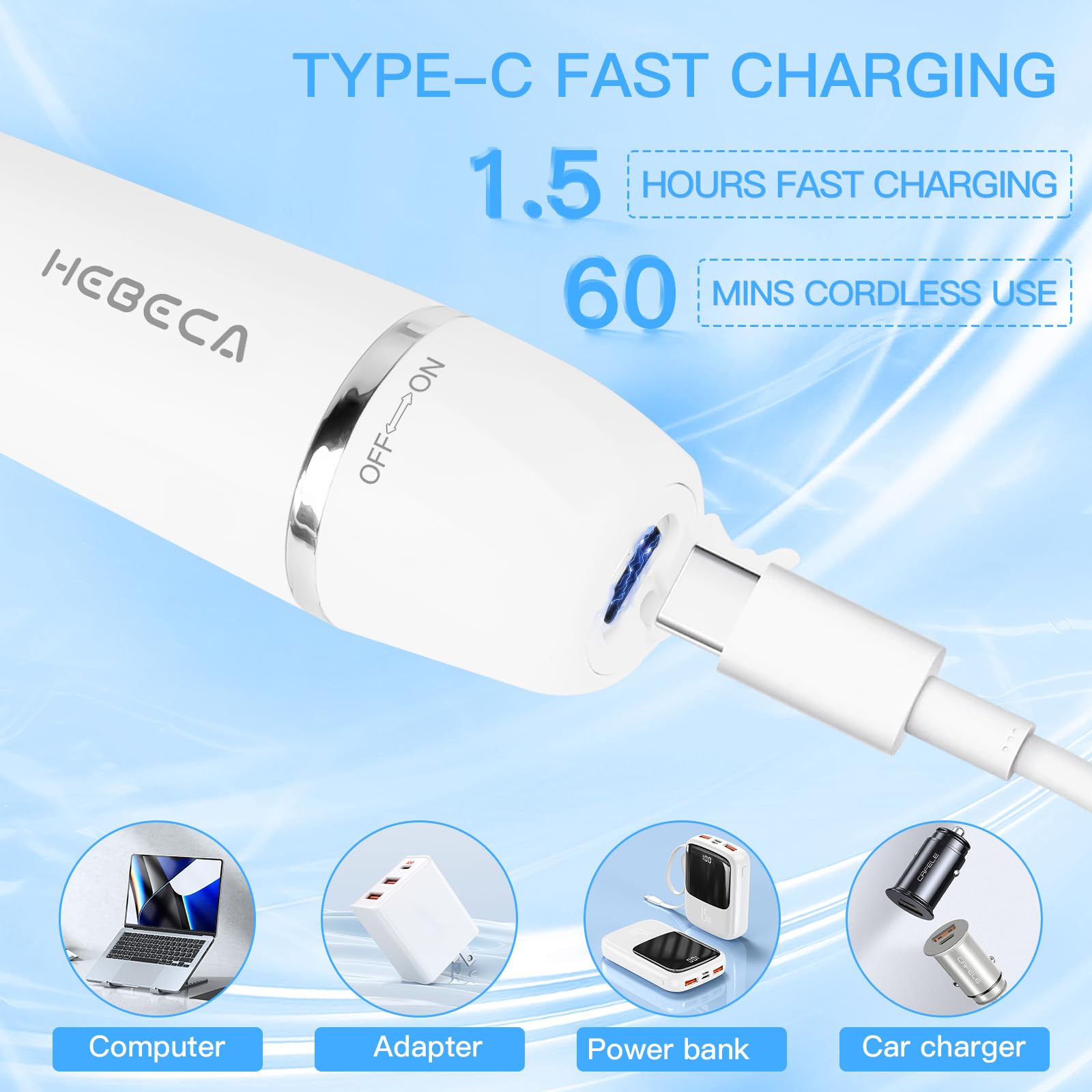 HEBECA rechargeable trimmer with USB Type-C charging and indicators for ready use.