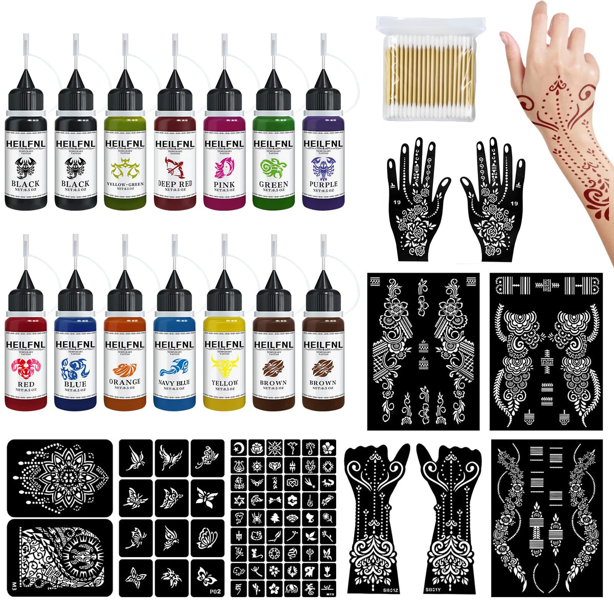 HEILFNL temporary tattoo ink bottles in assorted colors for bold skin art