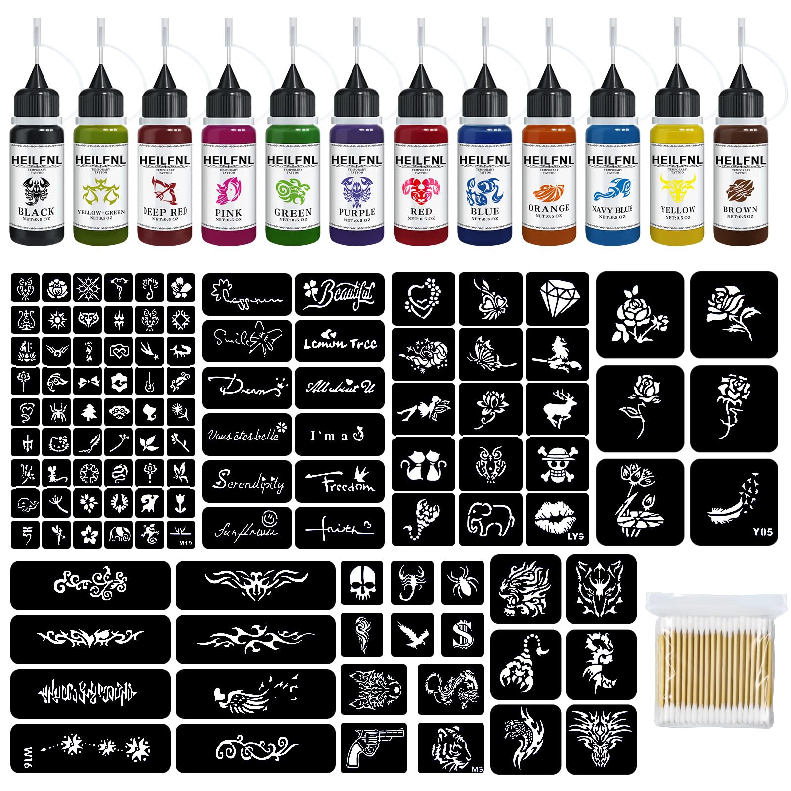 HEILFNL temporary tattoo kit ink bottles in vibrant colors for lasting body art.
