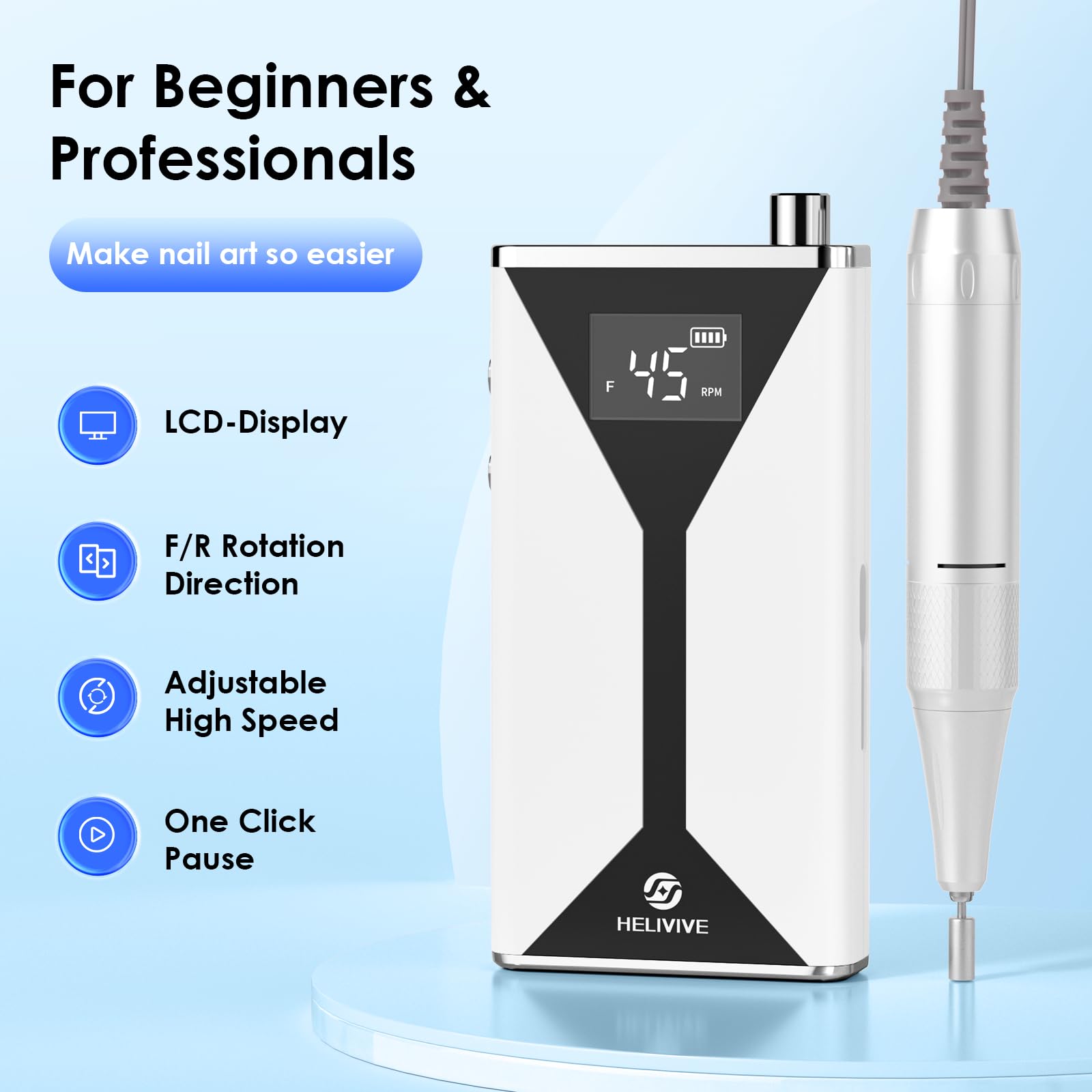 HELIVIVE drill suitable for gel and acrylic nails with versatile attachments