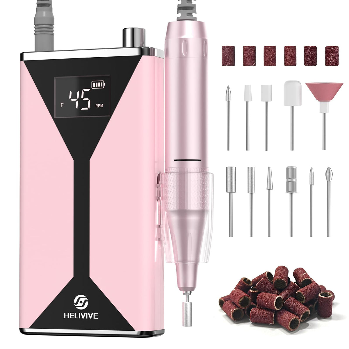 HELIVIVE nail drill front view in pink showing professional performance.