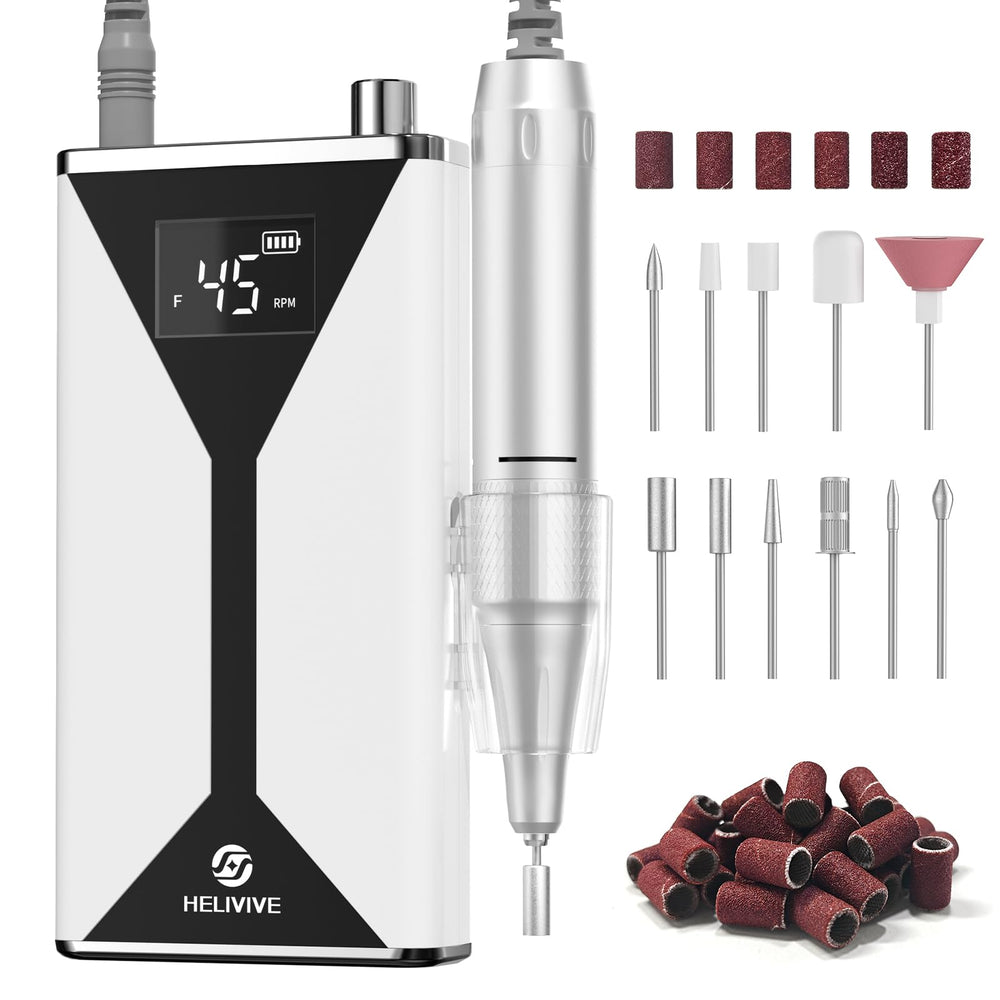 HELIVIVE nail drill front view showcasing cordless convenience for on-the-go manicures