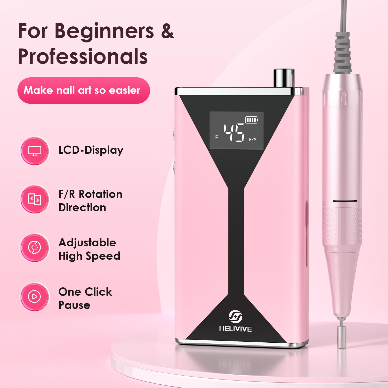 HELIVIVE multifunctional kit with multiple bits for varied nail care tasks.