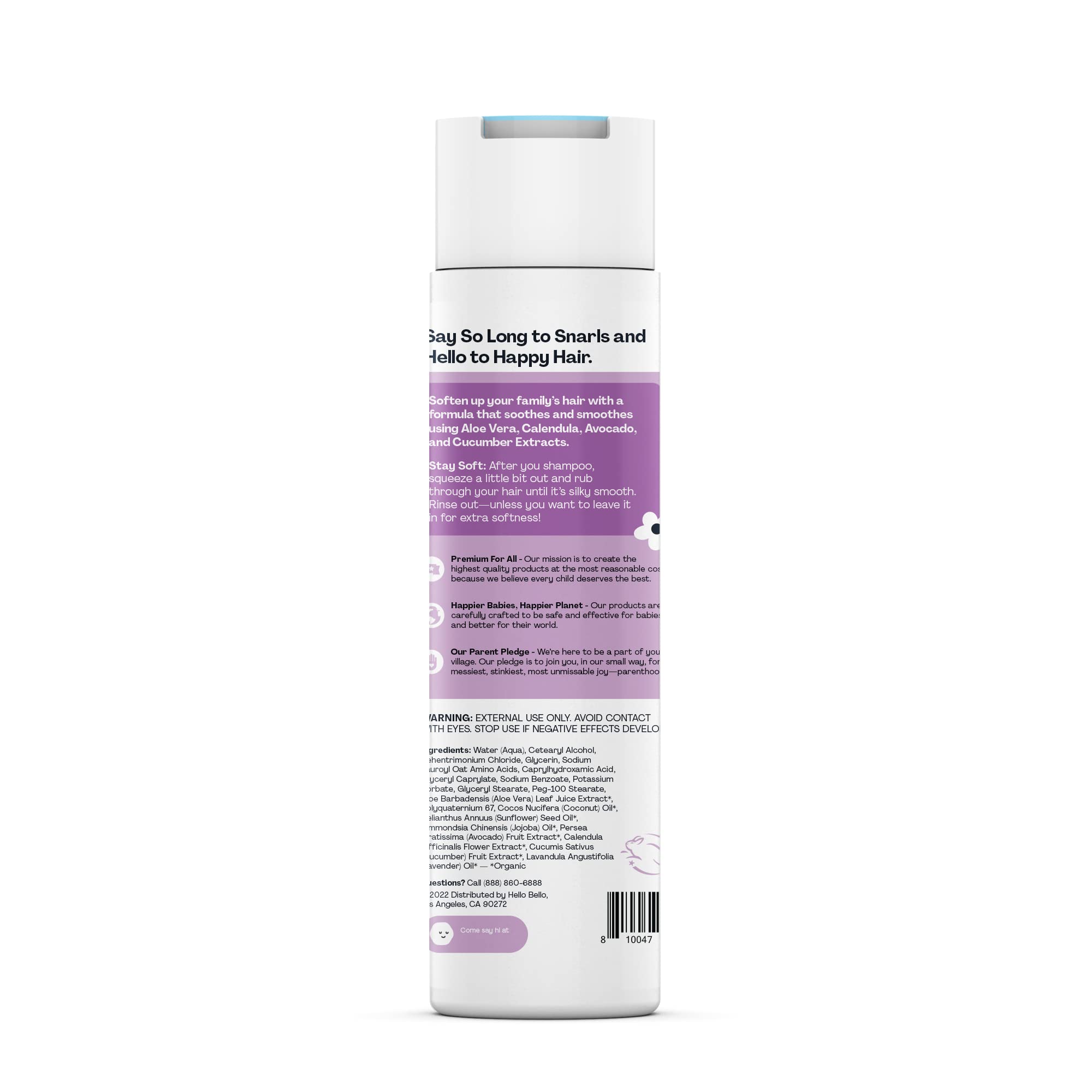 Hello Bello plant-based ingredients coconut and aloe nourish hair.