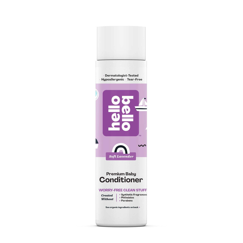 Hello Bello Soft Lavender Conditioner bottle demonstrating gentle detangling for baby hair.