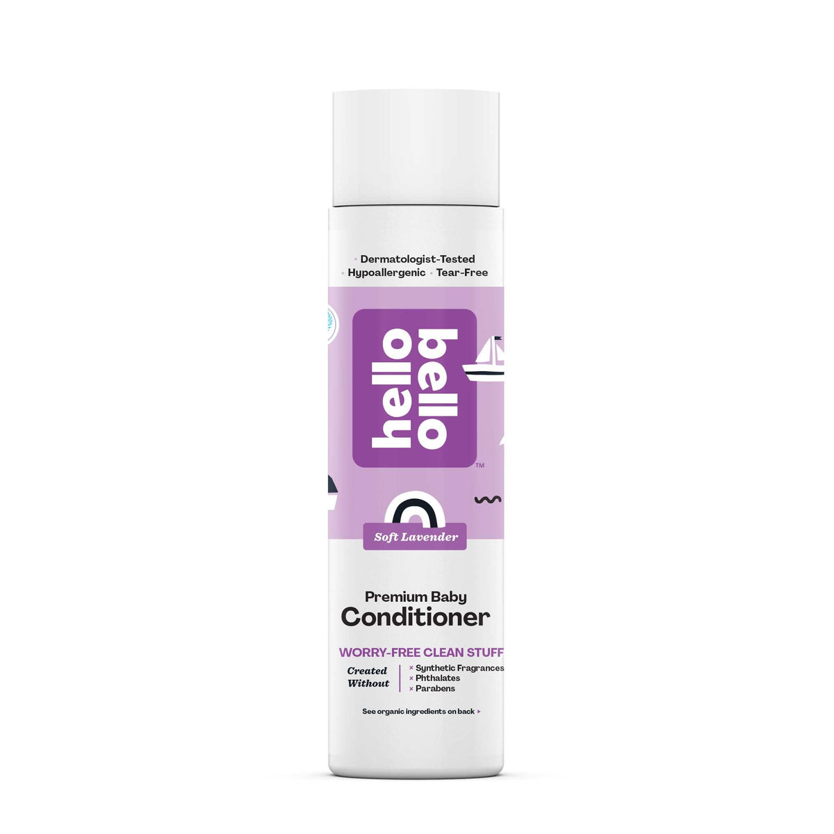 Hello Bello Soft Lavender Conditioner bottle demonstrating gentle detangling for baby hair.