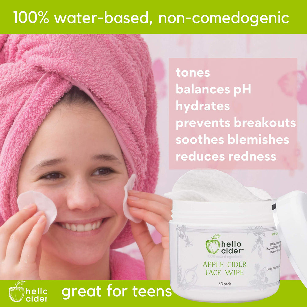 Hello Cider alcohol-free, water-based toner pads balance skin without heaviness.