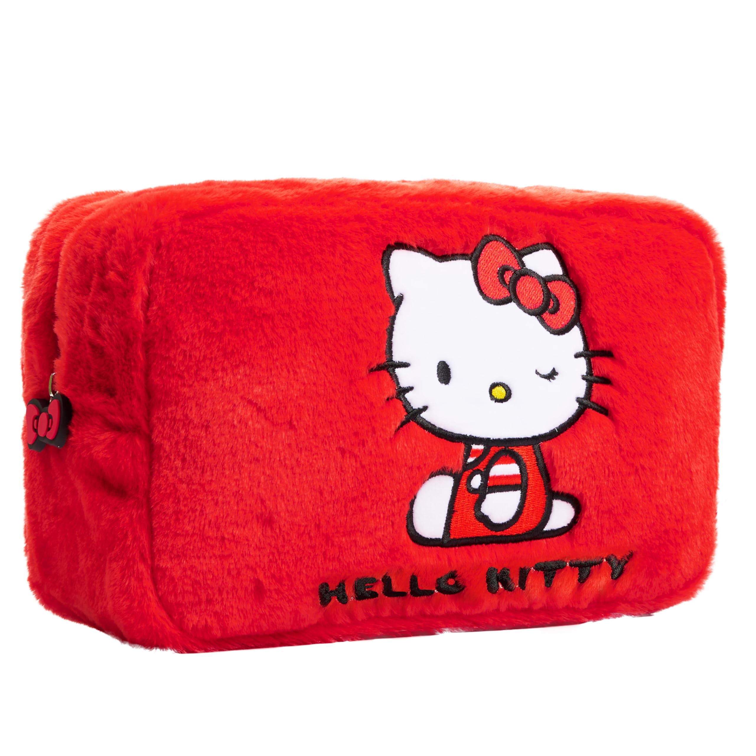 Hello Kitty fluffy makeup bag front view shows playful design and travel-ready storage for cosmetics.