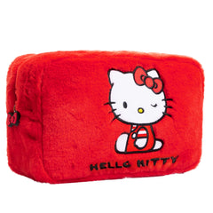 Hello Kitty fluffy makeup bag front view shows playful design and travel-ready storage for cosmetics.