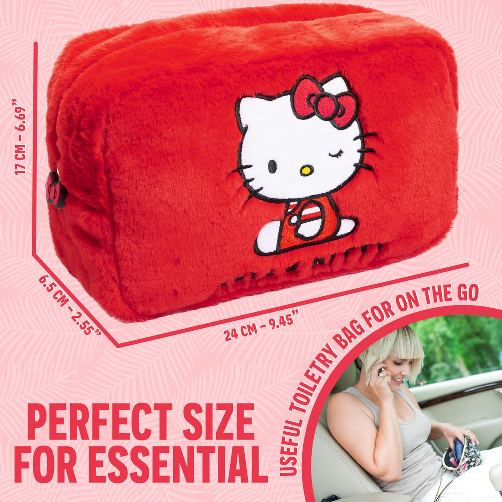 Hello Kitty fluffy makeup bag vanity-use shot suggests quick touch-ups at home or travel.