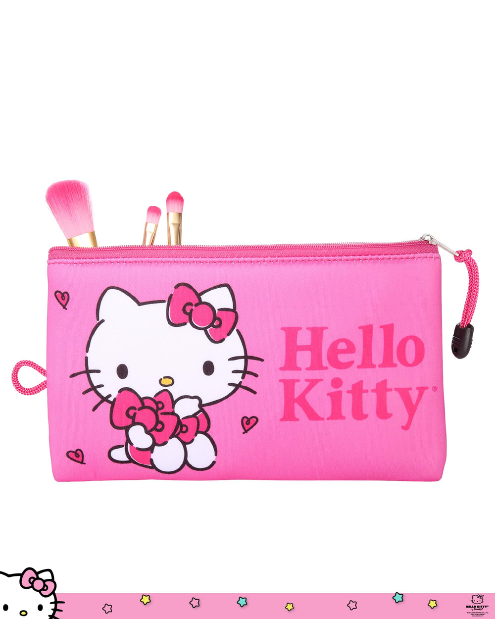 Hello Kitty makeup bag hanging loop provides convenient storage option.