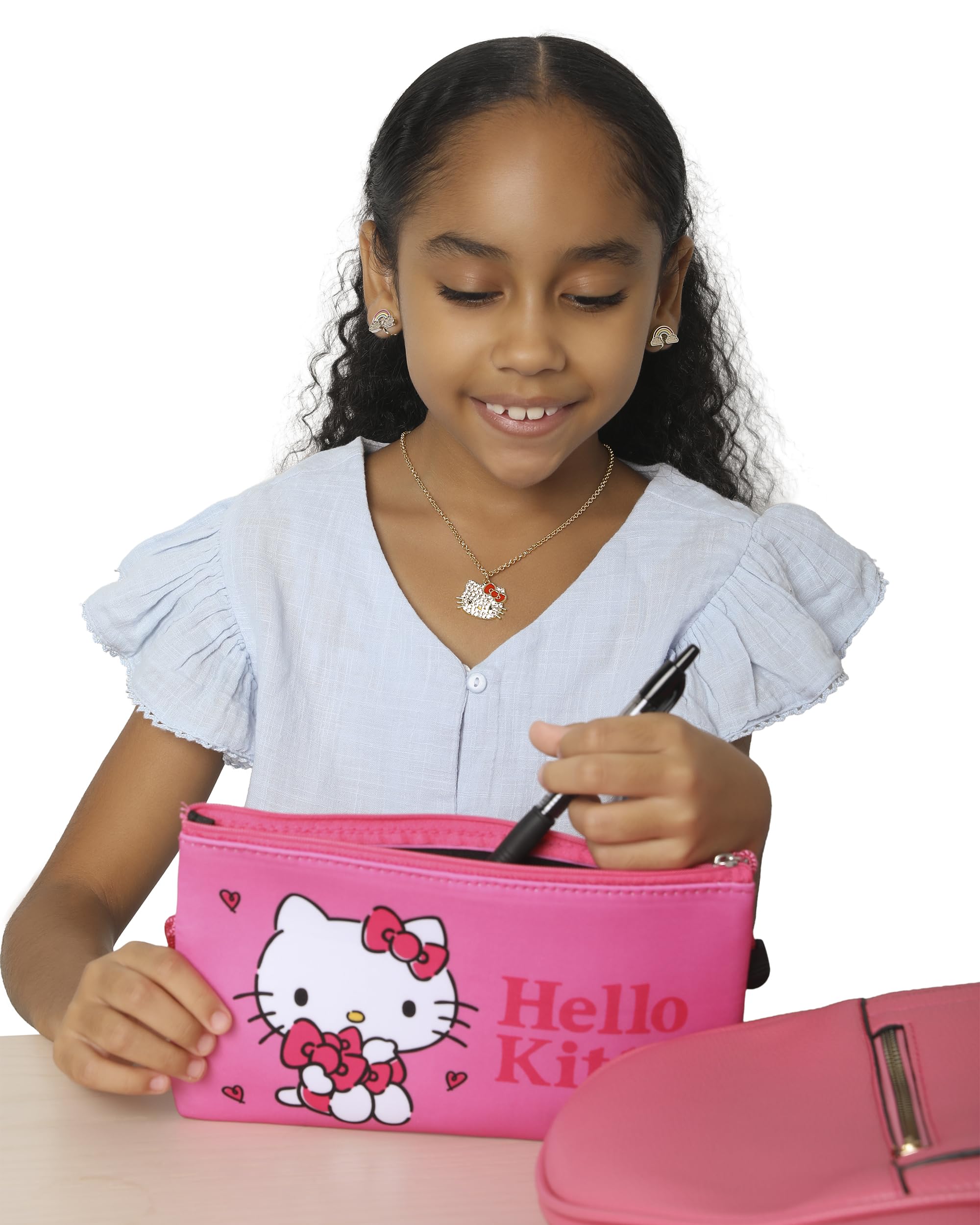 Hello Kitty makeup bag pink neoprene shows durable, easy-clean material.