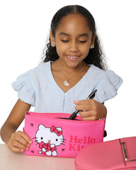 Hello Kitty makeup bag pink neoprene shows durable, easy-clean material.